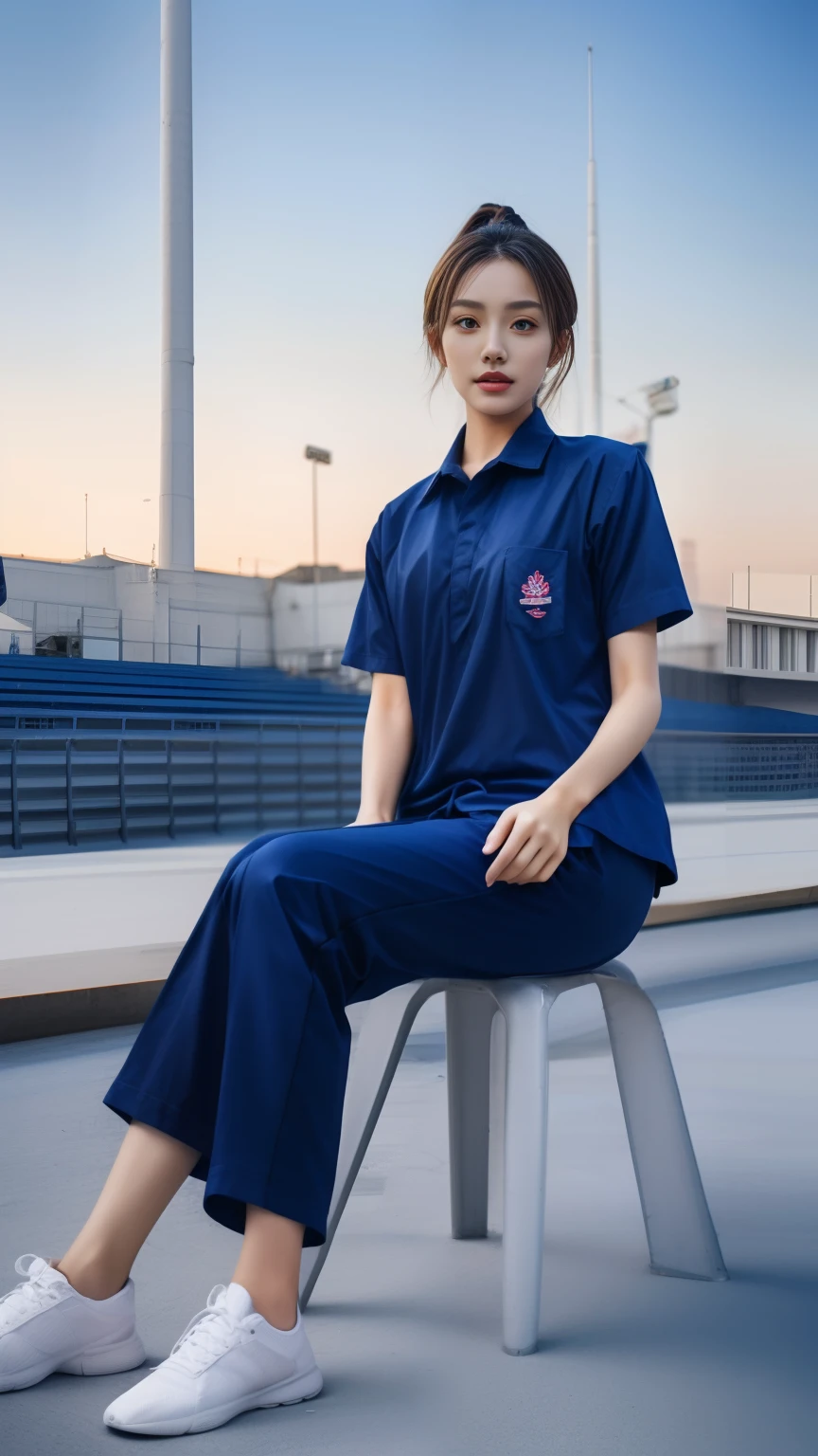 (bestquality,10,10,highres,masterpiece:1.2),ultra-detail,(Realistic,photorealistic portrait,photo-realistic:1.37),1 Cute girl in the football field,oily shiny skin,bara,light smile,BDclothes,((blue shirt:1.3)),short sleeves,shirt, trousers.,(navy_long_Pants Track:1.1), ((Stadium Background:1.3)),dynamic angle,excited,face focus,Dynamic Poses,from behide,Ass Focus,masterpiece, bestquality, ultra realistic, hyper-detail, 8k resolution, RAW photo, crisp focus, ((Navy blue shirt:1.1)), short sleeves, Long Path, Perfect body, 2 mature women, 18yo, cinematic light,Blue sweatpants,Gymware,Correct anatomy,Complete body, Correct body, sharp face, Anatomically correct body, full entire body, Realistic gestures, long-haired, Realistic poses,Wear long shorts...................,Long leg span,Shapely,Sculpting Girl, Slender Figure, mannequin mannequins, Shapely, Beautiful body,Blue sweatpants,Sit on your side.,On my side.....,Seated