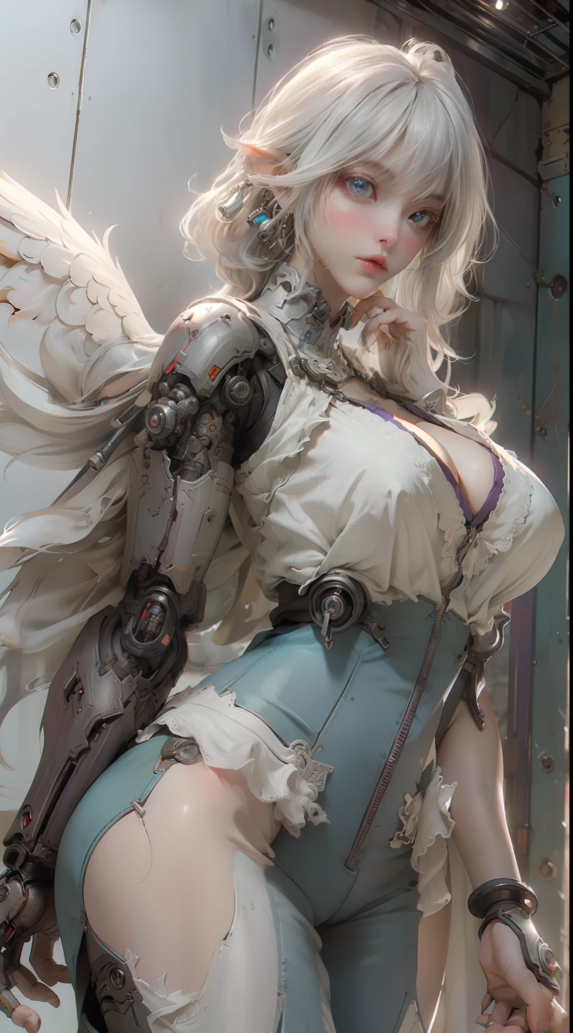top-quality, masterpiece, A high resolution, (Photorealsitic:1.4), Raw photo, Steampunk Battle Cyborg Angel, large wings made of metal, White porcelain body, Acrylic Clear Cover, white hair, asymmetrical bangs, short hair, glowy skin, 1 steampunk elf, Extremely cute elf race face, very beautiful and feminine, insanley detailed face and eyes, Perfect lips, ((super realistic details)), portlate, globalillumination, Shadow, character edge light,Colossal tits, Raw skin is exposed in cleavage, Details of complex ornaments, Details of the steam engine, Hydraulic cylinder, highly intricate detail, Realistic light, a purple eye, radiant eyes, Facing the camera, cowboy shot, Futuristic headgear, About steampunk, fantasy art, illustration, masterpiece, digital art, digital art by Yusuke Murata.