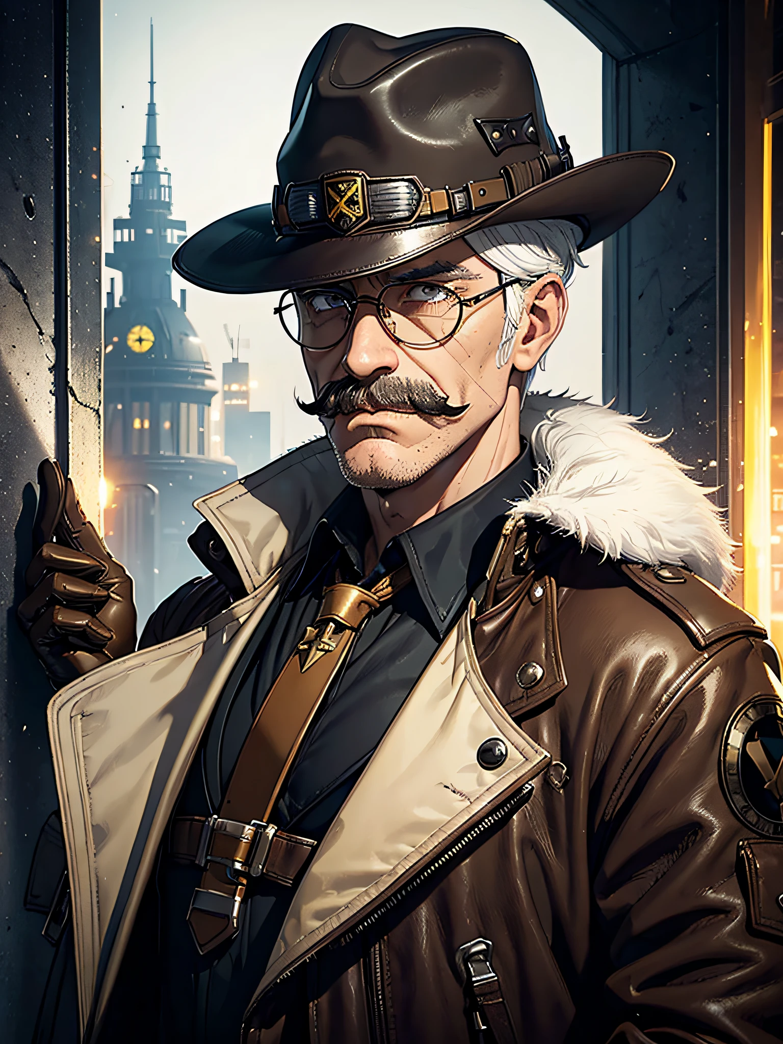 portrait, dark hero, gloomy hero, man, dark dieselpunk pilot, brown leather hat, yellow pilot glasses, white hair, long white mustache, brown jacket, brown gloves, brown long trousers, iron boots
