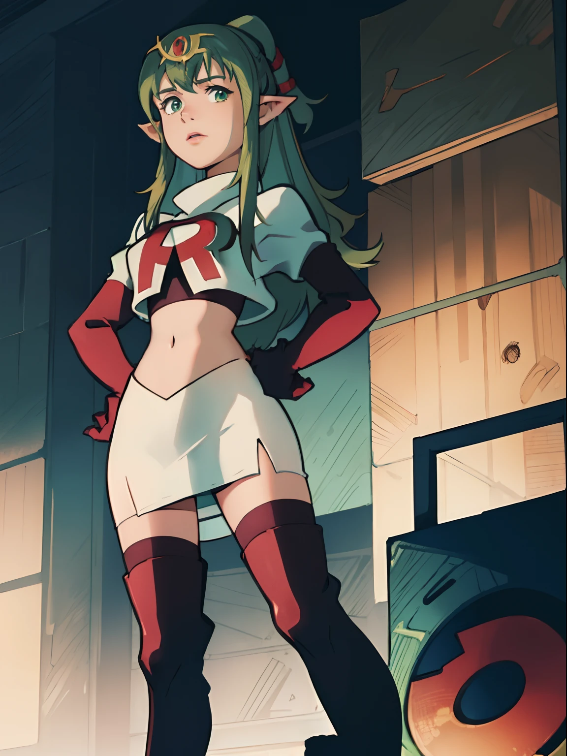 tiki fe,rocket,team rocket uniform, red letter R, white skirt,white crop top,black thigh-highs,black elbow gloves, looking down on you , hands on hips