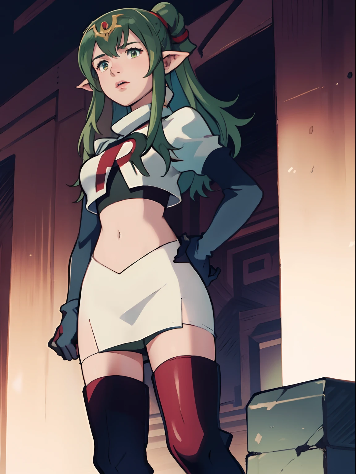 tiki fe,rocket,team rocket uniform, red letter R, white skirt,white crop top,black thigh-highs,black elbow gloves, looking down on you , hands on hips