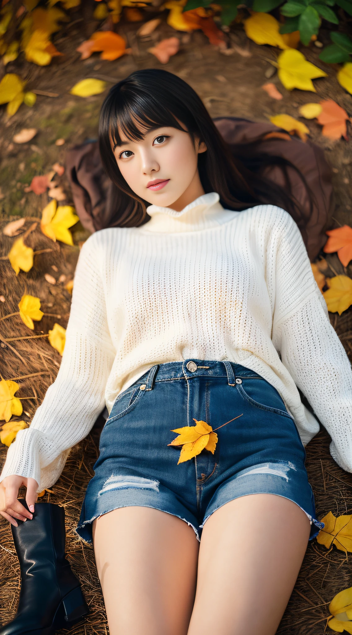 (Official art、Best Quality、Unity 8k Wallpapers、32K、masterpiece、ultra-detailliert、超A high resolution、realisitic、Photorealsitic、Raw photo:1.2)、(Cinematic lighting:1.2)、(Full body)、Fireglow effect、film grains、Best Shadows、Rim lighting、side lights、Full body, Highly detailed background、beauitful face、(super detailed skin、detailed skin textures:1.3)、Close-up of a statue in a field of red leaves, covered with fallen leaves, Red leaves on the ground, Autumn garden, Beautiful Autumn Spirits, covered with leaves, aomori japan, in autumn, red leaves, in japanese garden, in autumn, during autumn, autum, traditional japanese colors, japan nature、(From above、Lie down:1.3)、(outside of house、Floral hair ornament、beauty legs)、thighs thighs thighs thighs、20-year-old beauty、Beautiful black color hair、Blunt bangs、Knitted tops、a miniskirt、long boots、Realistic costume feeling