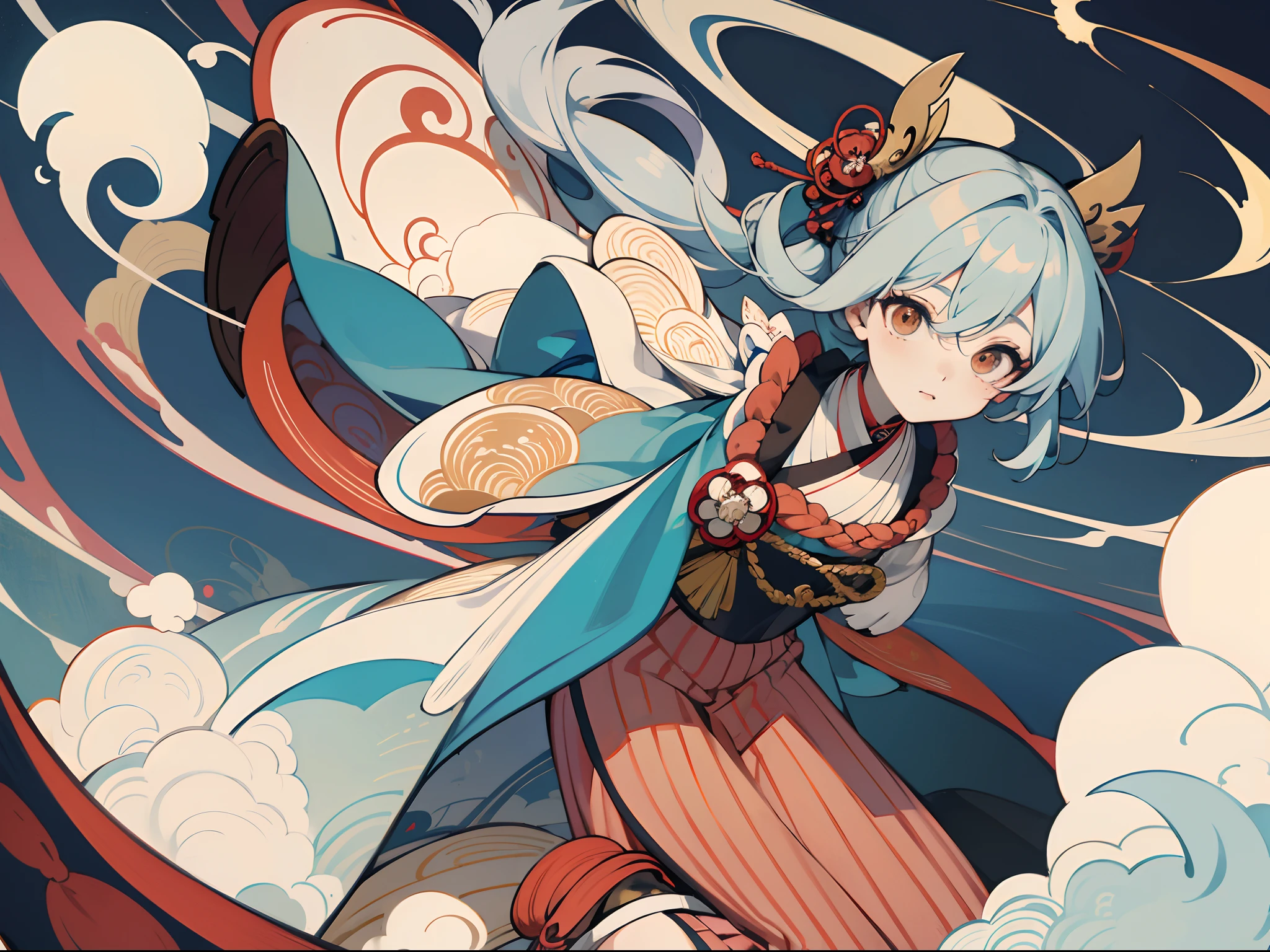 best qualtiy：1.0），（超高分辨率：1.0），Anime girls，God Messenger。author：mika pikazo，the complex background，solo person，The color hair，Only people，Flashy clothes，ukiyoe painting，Old Japanese style，in a panoramic view，large scene，Kamimei，Taisho kimono，Taisho romance，Big moves，Big perspective