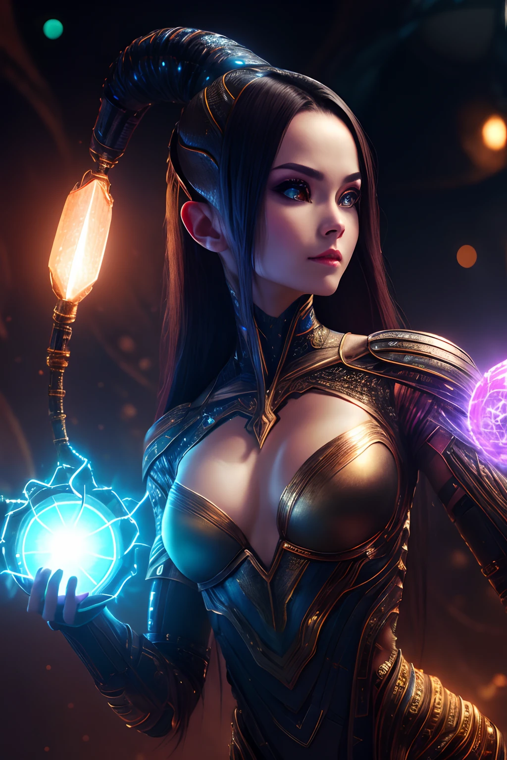 (Very detailed 8k wallpaper), Average photo of an alien female necromancer, Convoluted, high detal, Dramatic