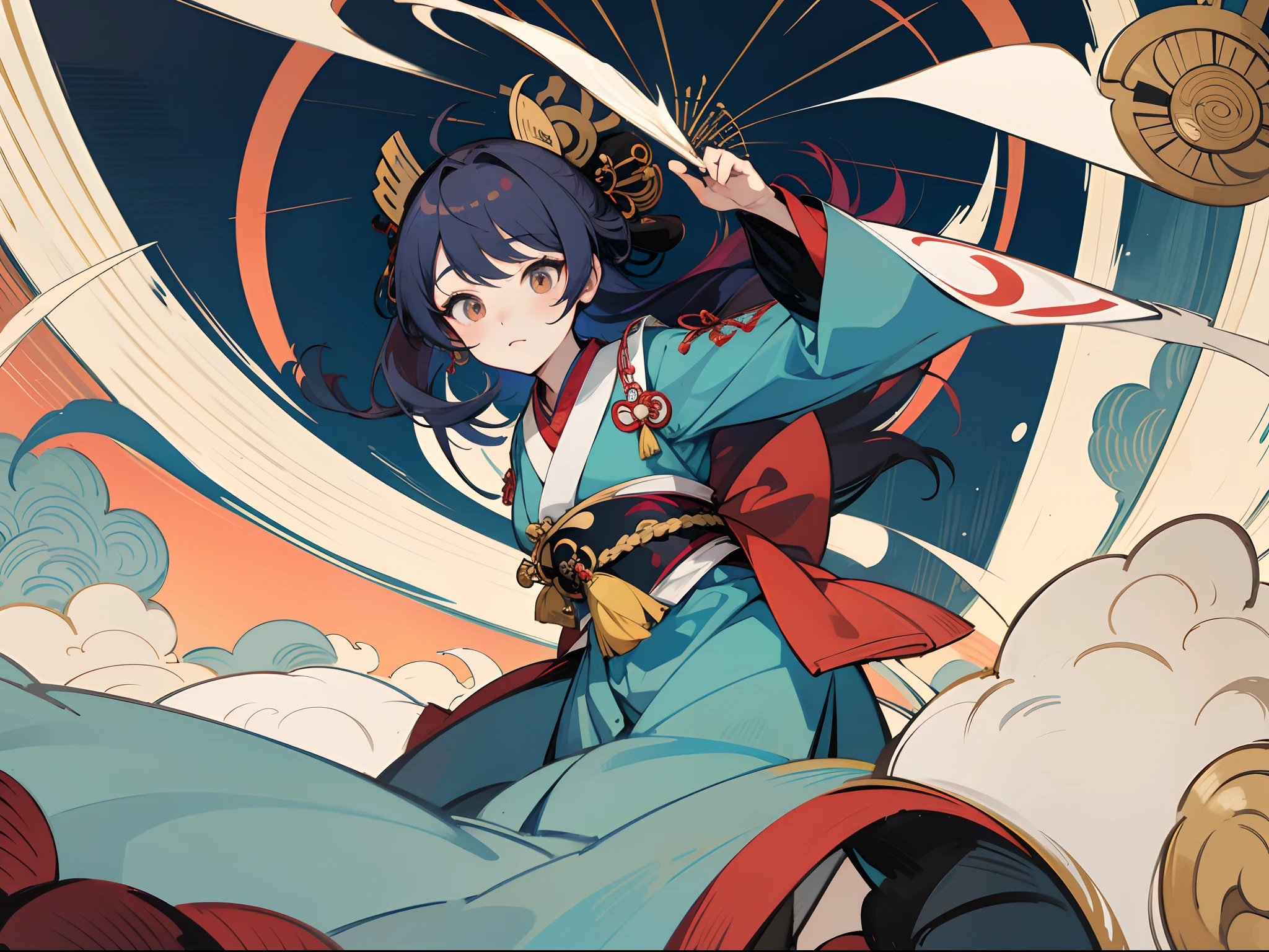 best qualtiy:1.0),(超高分辨率:1.0),Anime girls,God Messenger。author:mika pikazo,the complex background,solo person,The color hair,Only people,Flashy clothes,ukiyoe painting,Old Japanese style,in a panoramic view,large scene,Kamimei,Taisho kimono,Taisho romance,Big moves,Big perspective