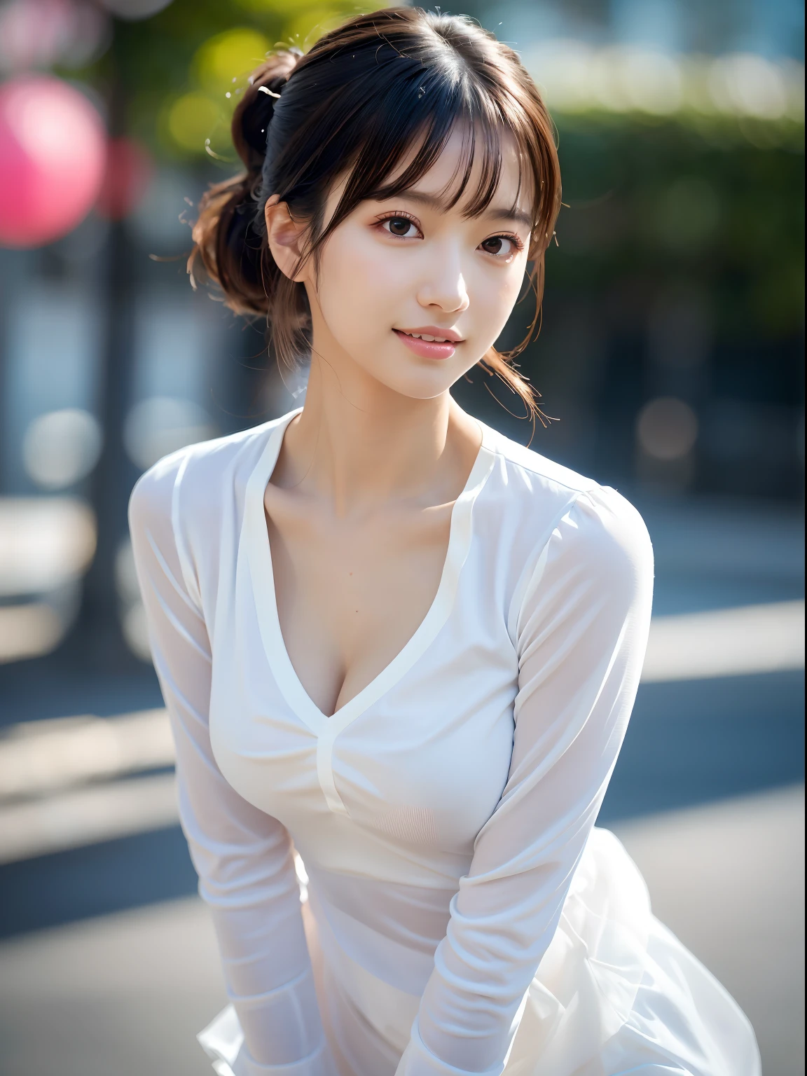 ((top quality, 8k, masterpiece: 1.3, raw photo)), Sharp Focus: 1.2, (1 aespa girl: 1.2), (Realistic, Photorealistic: 1.37), (face focus: 1.1), cute face, small breasts, flat chest, short messy hair, nude, (long button white shirt: 1.1), Beautiful Woman Sitting Under Street Lamp Light, cinematic lighting, thigh, showing her panties,