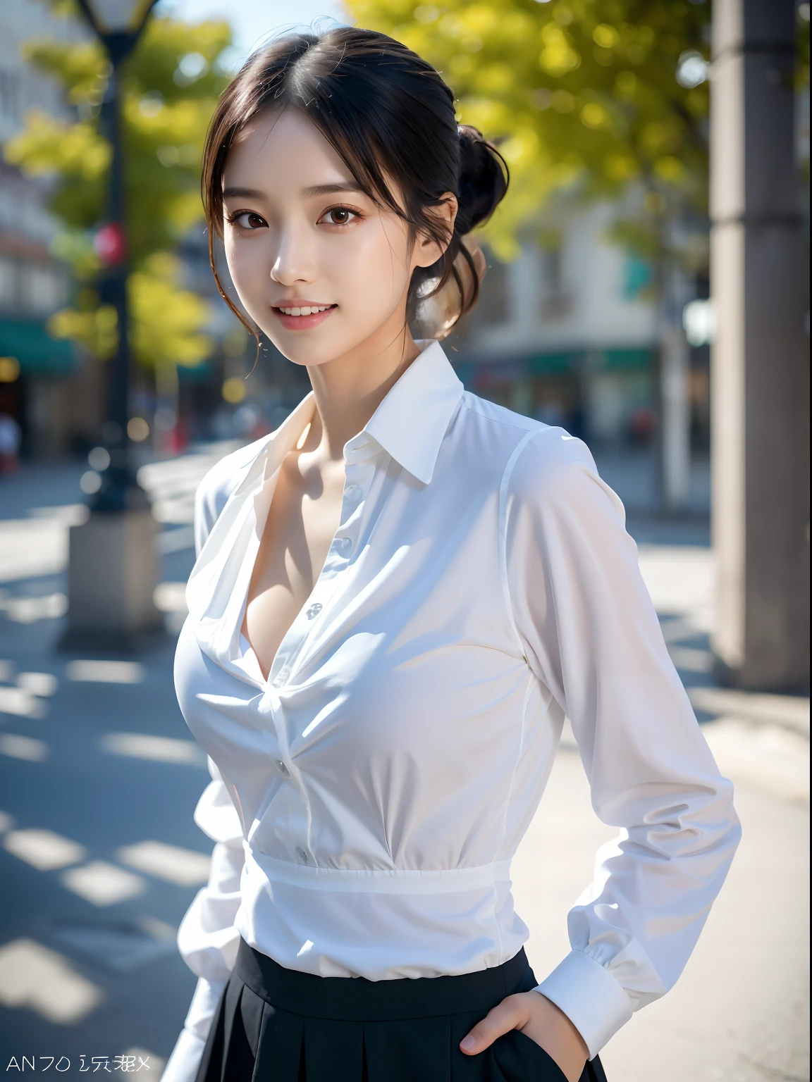 (masutepiece:1.3), (8K, Photorealistic, Raw photo, Best Quality: 1.4), Japanese, (1girl in), Beautiful face, (Realistic face), (Black hair), Beautiful hairstyle, Realistic eyes, Beautiful detailed eyes, (Realistic skin), Beautiful skin, Attractive, 超A high resolution, A hyper-realistic, Highly detailed, Golden ratio、 Show from the hips to the shoulders, Beautiful detailed skin, (Cute:1.2), (Black hair), ((JPOP Idol)), (upper thigh:0.6), (depth of fields),Soft light, Lens Glow, Looking at Viewer, (drooping eyes:1.2), Straight teeth,Smile, Floating hair, (a blond:1.2), Brown eyes, Movie Scene, Cinematic, fulcolor, 4K, 8K, 16 K, Raw photo, masutepiece, professionally color graded, Professional Photography, cleavage,High School Girl, Hair UP, Think,(Sweat,Sigh)1.2,(blush,Open mouth)1.3,soft clean focus, Realistic lighting and shading, (an extremely delicate and beautiful art)1.3, Elegant,Active Angle,Dynamism Pose, Photorealistic, (One pretty girl:1.1), hight resolution, ultraclear, Sharp Focus, ,Cosplay, slim, Sheer white cloth,White hair, High Ponytail, (Off-White Damask Long Sleeve Shirt Dress:1.3), (Thom Brown Design Dress:1.4), (hyper detailed background, Detail Background: 1.3), Bokeh, depth of fields, China City Street, No one in the background,(Skirt flipping、Pink panty:1.1)