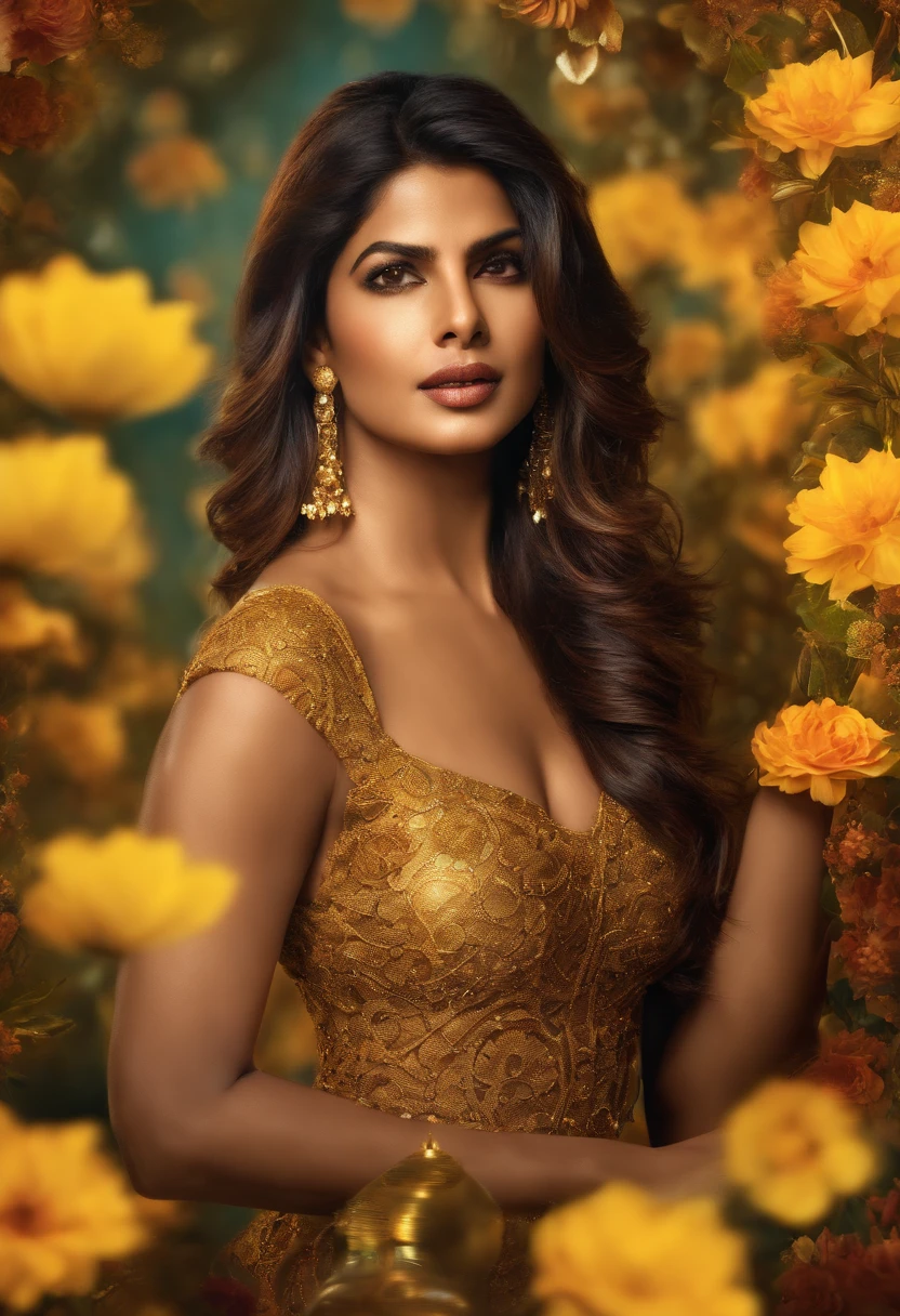 Indian actress Priyanka chopra, high-res, ultra-detail, (1girll:1.3), fantasy steampunk series , hallucination, Fractal format, Geometric shapes, dynamic, brightly colored, (floral, petals), (Gold & Yellow:1),