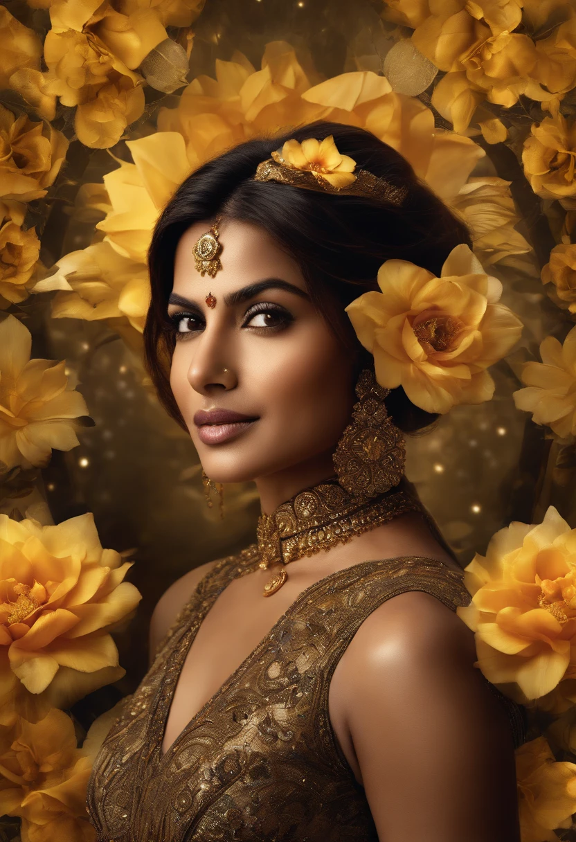 Indian actress Priyanka chopra, high-res, ultra-detail, (1girll:1.3), fantasy steampunk series , hallucination, Fractal format, Geometric shapes, dynamic, brightly colored, (floral, petals), (Gold & Yellow:1),