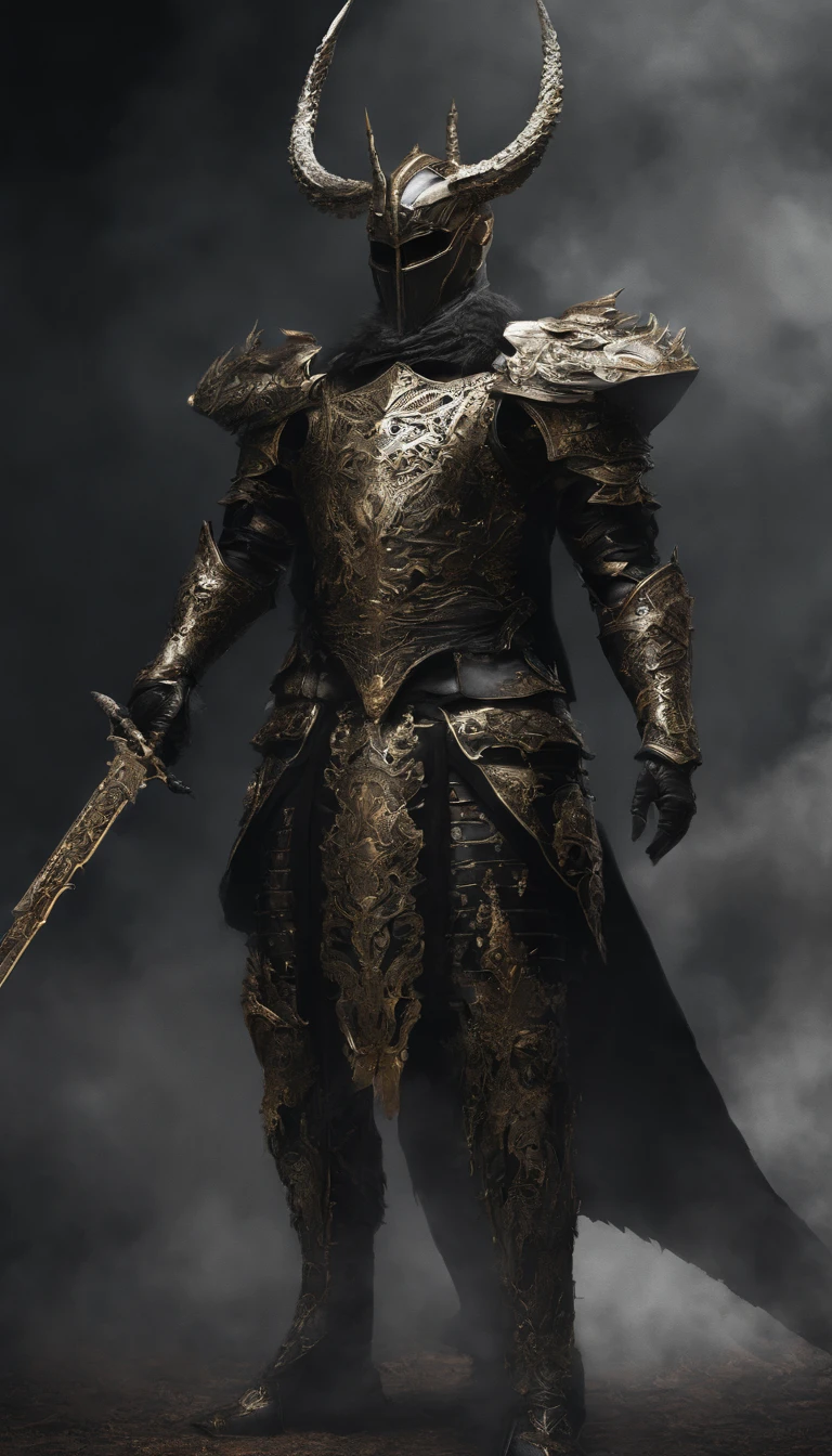 warrior, concept-art, Fantasy art, battleground background, clean render, a horned, Wear a suit of armor, Detailed bushido form smoke, helmet of a forgotten deity, character is standing, 8k Realistic, in game render, detailed face background detail, Art station front page, taur, Pseudo-medieval fantasy, A deity wearing koi armor, detailed bronze armor, Bronze armor, golden etched armor, gold obsidian armor, Light gold armor, Gorgeous filigree armor, A demonic warrior, Gorgeous armor full of thorns, Intricate assasin armor, Intricate metal armor, powerful warrior, Dressed in gorgeous gold armor,Decorated with intricate patterns, The helmet has a large crown and two horns,Glowing red eyes, Everything is in the dark, The smoky background hints at the battle scene, Add an ominous aura to his character,submission, Full body shot.