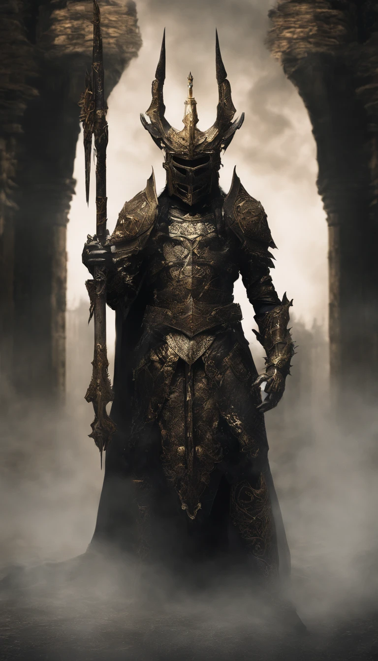 warrior, concept-art, Fantasy art, battleground background, clean render, a horned, Wear a suit of armor, Detailed bushido form smoke, helmet of a forgotten deity, character is standing, 8k Realistic, in game render, detailed face background detail, Art station front page, taur, Pseudo-medieval fantasy, A deity wearing koi armor, detailed bronze armor, Bronze armor, golden etched armor, gold obsidian armor, Light gold armor, Gorgeous filigree armor, A demonic warrior, Gorgeous armor full of thorns, Intricate assasin armor, Intricate metal armor, powerful warrior, Dressed in gorgeous gold armor,Decorated with intricate patterns, The helmet has a large crown and two horns,Glowing red eyes, Everything is in the dark, The smoky background hints at the battle scene, Add an ominous aura to his character,submission, Full body shot.