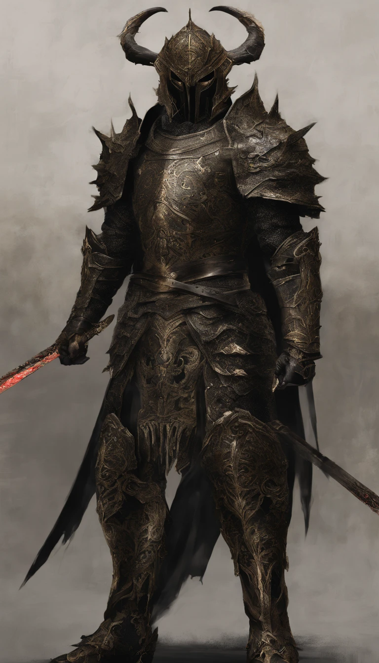 warrior, concept-art,  Fantasy art, battleground background, clean render, a horned, Wear a suit of armor, Detailed bushido form smoke, helmet of a forgotten deity, character is standing, 8k Realistic, in game render, detailed face background detail, Art station front page, taur, Pseudo-medieval fantasy, A deity wearing koi armor, detailed bronze armor, Bronze armor, golden etched armor, gold obsidian armor, Light gold armor, Gorgeous filigree armor, A demonic warrior, Gorgeous armor full of thorns, Intricate assasin armor, Intricate metal armor, powerful warrior, Dressed in gorgeous gold armor，Decorated with intricate patterns, The helmet has a large crown and two horns,Glowing red eyes， Everything is in the dark, The smoky background hints at the battle scene, Add an ominous aura to his character，submission, Full body shot.