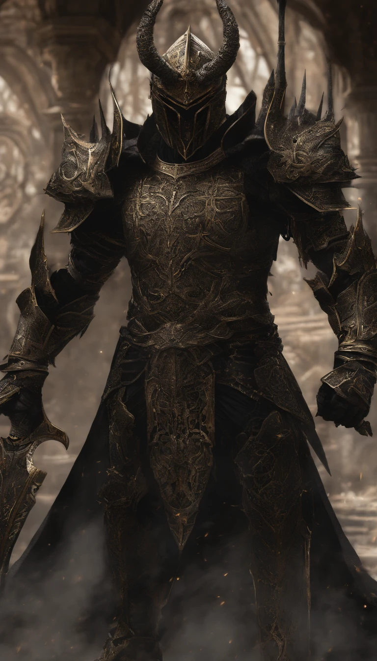 warrior, concept-art, Fantasy art, battleground background, clean render, a horned, Wear a suit of armor, Detailed bushido form smoke, helmet of a forgotten deity, character is standing, 8k Realistic, in game render, detailed face background detail, Art station front page, taur, Pseudo-medieval fantasy, A deity wearing koi armor, detailed bronze armor, Bronze armor, golden etched armor, gold obsidian armor, Light gold armor, Gorgeous filigree armor, A demonic warrior, Gorgeous armor full of thorns, Intricate assasin armor, Intricate metal armor, powerful warrior, Dressed in gorgeous gold armor,Decorated with intricate patterns, The helmet has a large crown and two horns,Glowing red eyes, Everything is in the dark, The smoky background hints at the battle scene, Add an ominous aura to his character,submission, Full body shot.