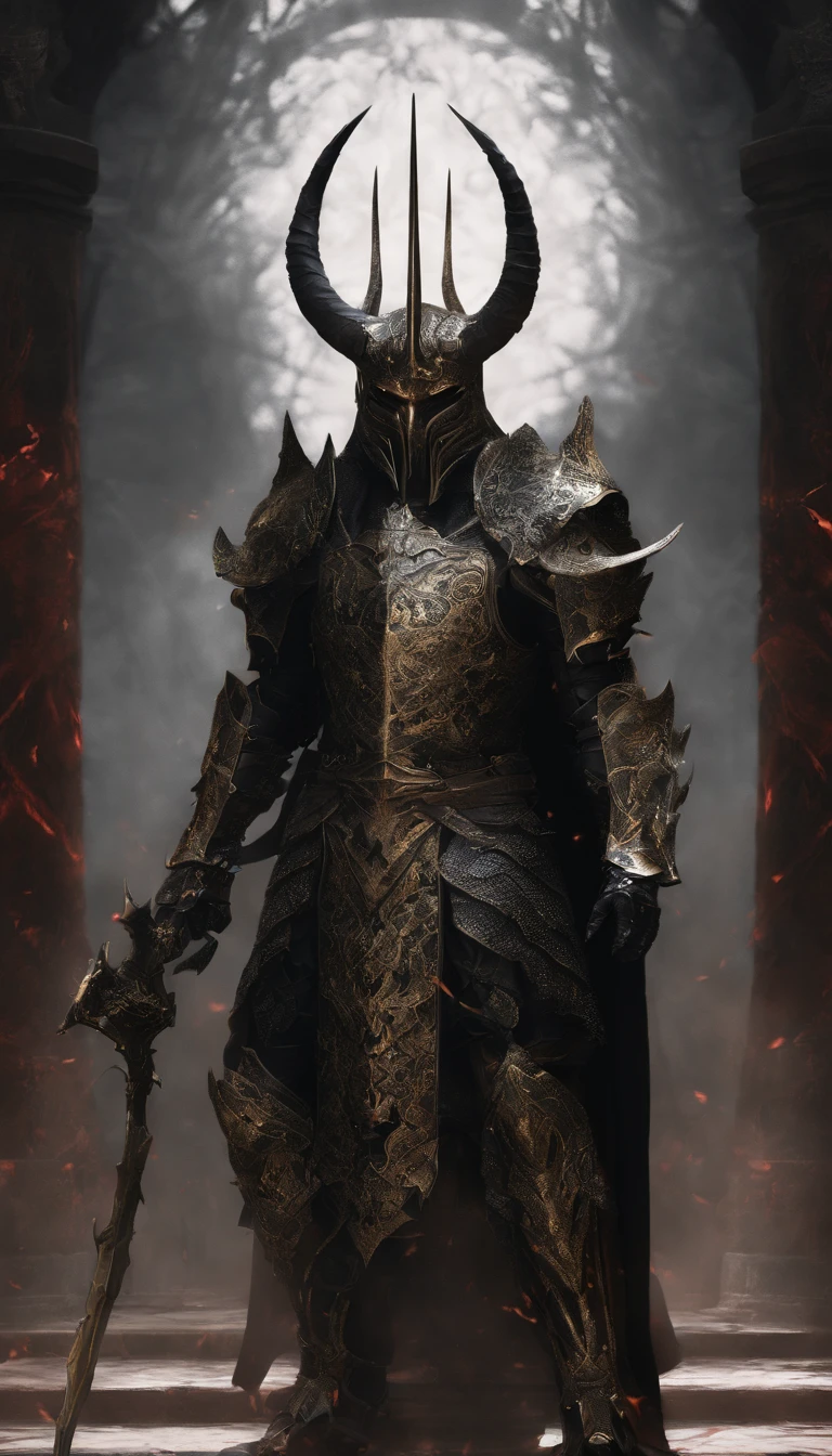 warrior, concept-art,  Fantasy art, battleground background, clean render, a horned, Wear a suit of armor, Detailed bushido form smoke, helmet of a forgotten deity, character is standing, 8k Realistic, in game render, detailed face background detail, Art station front page, taur, Pseudo-medieval fantasy, A deity wearing koi armor, detailed bronze armor, Bronze armor, golden etched armor, gold obsidian armor, Light gold armor, Gorgeous filigree armor, A demonic warrior, Gorgeous armor full of thorns, Intricate assasin armor, Intricate metal armor, powerful warrior, Dressed in gorgeous gold armor，Decorated with intricate patterns, The helmet has a large crown and two horns,Glowing red eyes， Everything is in the dark, The smoky background hints at the battle scene, Add an ominous aura to his character，submission, Full body shot.