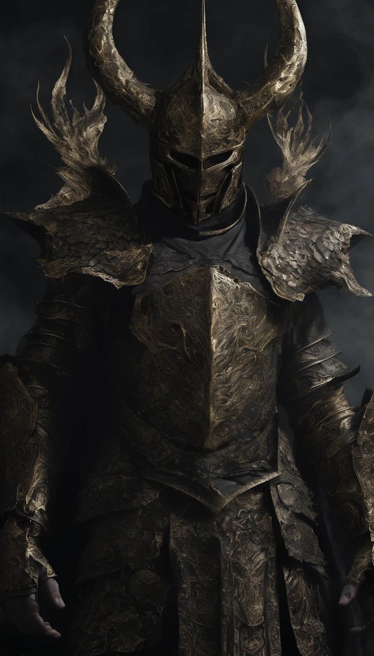 warrior, concept-art, Fantasy art, battleground background, clean render, a horned, Wear a suit of armor, Detailed bushido form smoke, helmet of a forgotten deity, character is standing, 8k Realistic, in game render, detailed face background detail, Art station front page, taur, Pseudo-medieval fantasy, A deity wearing koi armor, detailed bronze armor, Bronze armor, golden etched armor, gold obsidian armor, Light gold armor, Gorgeous filigree armor, A demonic warrior, Gorgeous armor full of thorns, Intricate assasin armor, Intricate metal armor, powerful warrior, Dressed in gorgeous gold armor,Decorated with intricate patterns, The helmet has a large crown and two horns,Glowing red eyes, Everything is in the dark, The smoky background hints at the battle scene, Add an ominous aura to his character,submission, Full body shot.