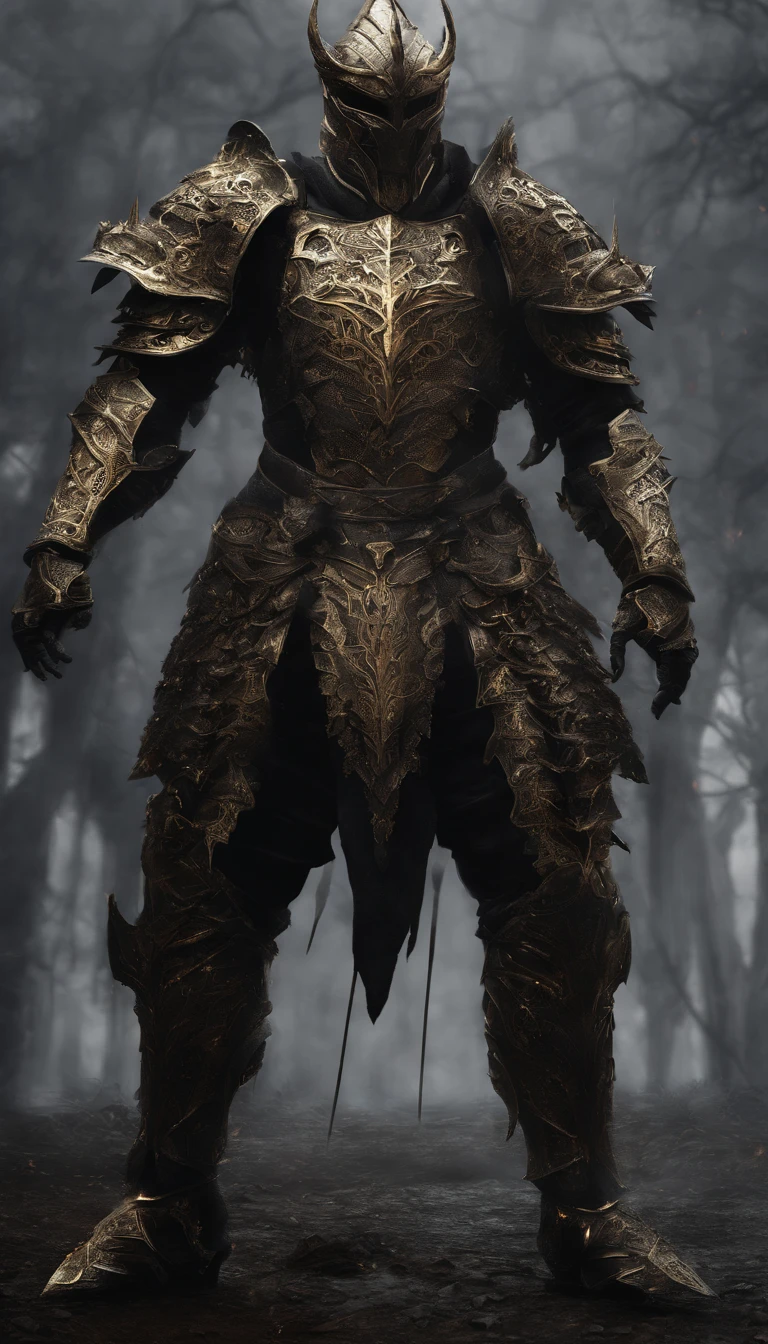 warrior, concept-art, Fantasy art, battleground background, clean render, a horned, Wear a suit of armor, Detailed bushido form smoke, helmet of a forgotten deity, character is standing, 8k Realistic, in game render, detailed face background detail, Art station front page, taur, Pseudo-medieval fantasy, A deity wearing koi armor, detailed bronze armor, Bronze armor, golden etched armor, gold obsidian armor, Light gold armor, Gorgeous filigree armor, A demonic warrior, Gorgeous armor full of thorns, Intricate assasin armor, Intricate metal armor, powerful warrior, Dressed in gorgeous gold armor,Decorated with intricate patterns, The helmet has a large crown and two horns,Glowing red eyes, Everything is in the dark, The smoky background hints at the battle scene, Add an ominous aura to his character,submission, Full body shot.