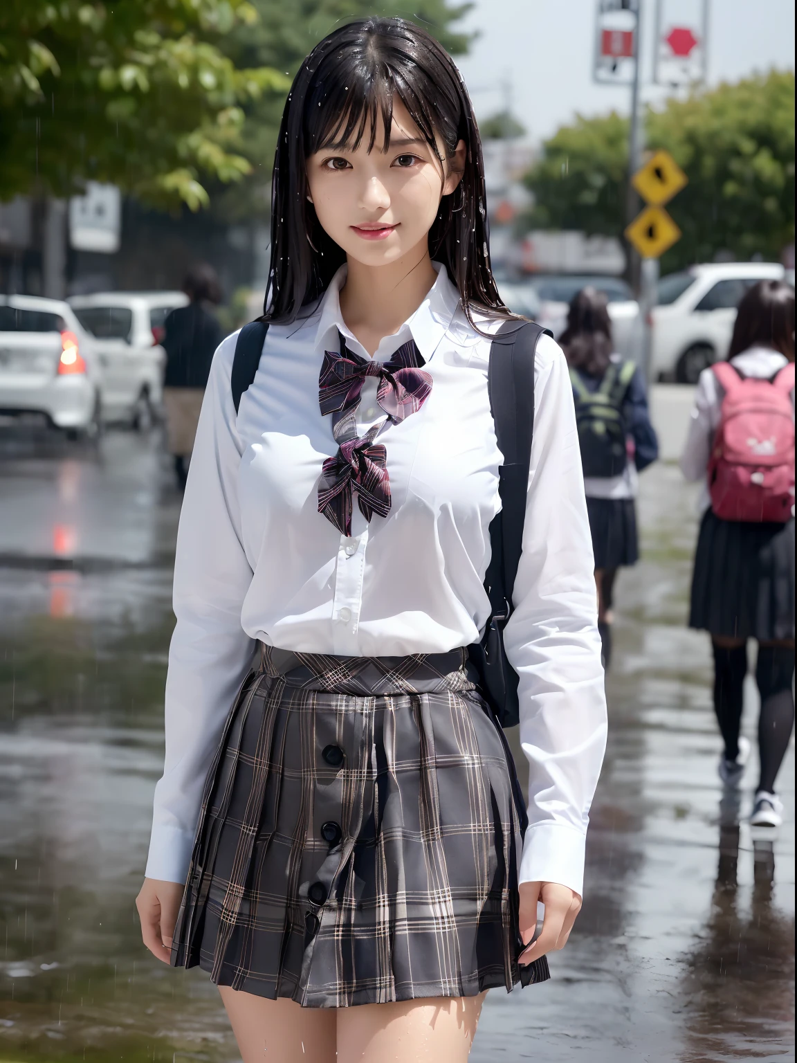 (masutepiece:1.3), (8K, Photorealistic, Raw photo, Best Quality: 1.4), Japanese, (1girl in), Beautiful face, (Realistic face), (Black hair), Beautiful hairstyle, Realistic eyes, Beautiful detailed eyes, (Realistic skin), Beautiful skin, Attractive, 超A high resolution, A hyper-realistic, Highly detailed, Golden ratio、(Fair skin:1.2), Glowing eyes, (Faint lips:1.2), (Refreshing breeze:1.3), (Medium Messy Hair, Bangs:1.3), (Brown eyes), (slender),
(flat chest:1.4), (Face and leg shots:1.3), (Standing, Side view), (Smile:1.2),
(White Long Sleeve Button Down Shirt, Black School Ankle Socks, Adidas_sneakers, Plaid pleated midi skirt, School Bow Ties:1.3), (rucksack:1.2),(japanaese girl:1.2), (Idol:1.3)、(no-bra)(Small beautiful hard(Thin, moist buttons up to shirt length:1.1)、(Uniform wet in the rain)、a street、wetbody:1.1, () ), (skirt rift:1.1),