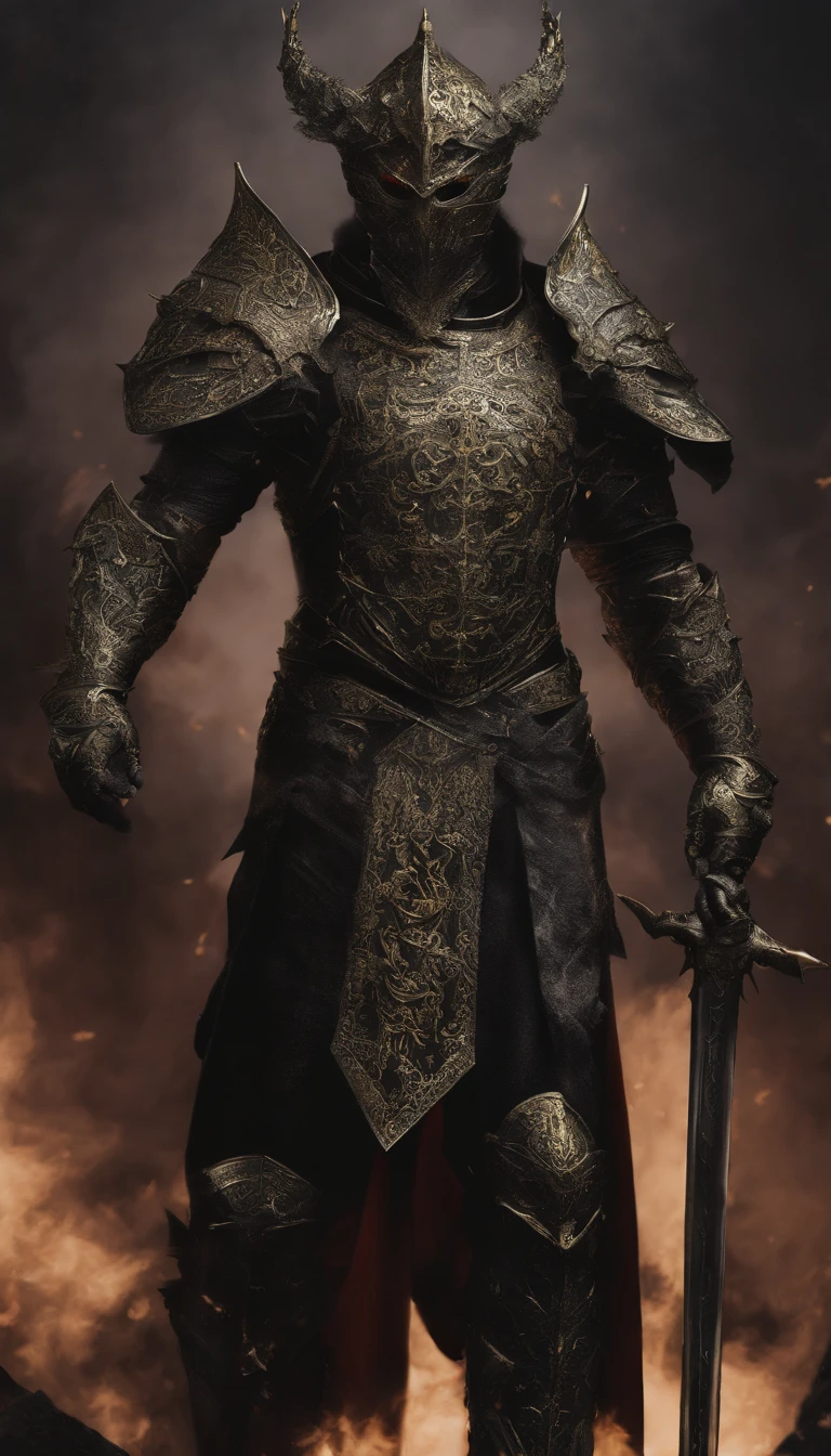 warrior, concept-art, Fantasy art, battleground background, clean render, a horned, Wear a suit of armor, Detailed bushido form smoke, helmet of a forgotten deity, character is standing, 8k Realistic, in game render, detailed face background detail, Art station front page, taur, Pseudo-medieval fantasy, A deity wearing koi armor, detailed bronze armor, Bronze armor, golden etched armor, gold obsidian armor, Light gold armor, Gorgeous filigree armor, A demonic warrior, Gorgeous armor full of thorns, Intricate assasin armor, Intricate metal armor, powerful warrior, Dressed in gorgeous gold armor,Decorated with intricate patterns, The helmet has a large crown and two horns,Glowing red eyes, Everything is in the dark, The smoky background hints at the battle scene, Add an ominous aura to his character,submission, Full body shot.