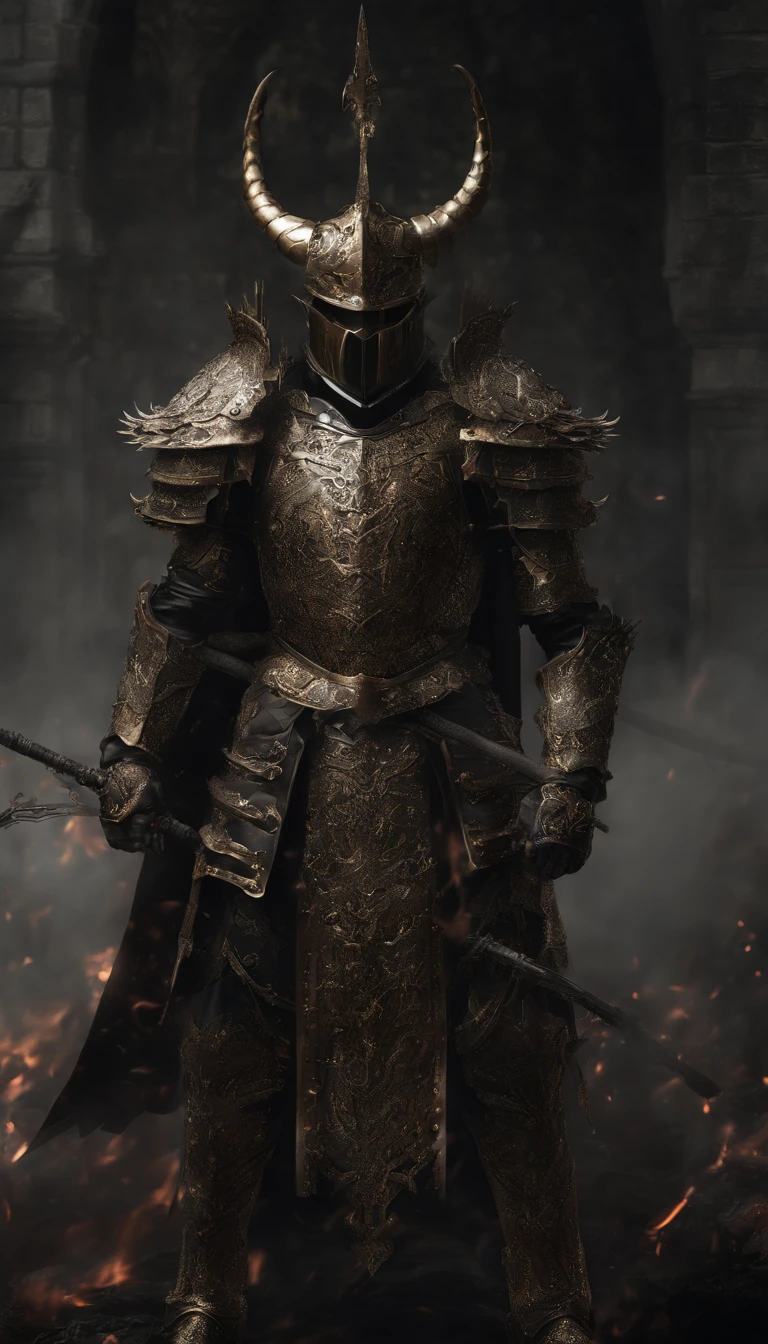 warrior, concept-art, Fantasy art, battleground background, clean render, a horned, Wear a suit of armor, Detailed bushido form smoke, helmet of a forgotten deity, character is standing, 8k Realistic, in game render, detailed face background detail, Art station front page, taur, Pseudo-medieval fantasy, A deity wearing koi armor, detailed bronze armor, Bronze armor, golden etched armor, gold obsidian armor, Light gold armor, Gorgeous filigree armor, A demonic warrior, Gorgeous armor full of thorns, Intricate assasin armor, Intricate metal armor, powerful warrior, Dressed in gorgeous gold armor,Decorated with intricate patterns, The helmet has a large crown and two horns,Glowing red eyes, Everything is in the dark, The smoky background hints at the battle scene, Add an ominous aura to his character,submission, Full body shot.