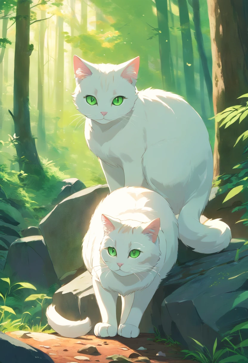 White female cat with beige spots of green eyes in the woods leaning against a rock in an enchanted forest