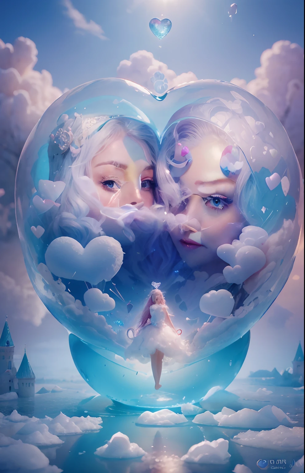 inside a heart shaped bubble a Cotton Candy Queen Women Goddess 8k Resolution Rendered Hyper Realistic Intricate Detail lives in an frosty heart shaped ice bubble, a fanciful place filled with castles, cotton candy, swans lakes and fluffy clouds, An intricate visual representation of computer programing, rendered in 24k resolution with intricate details and symbols.