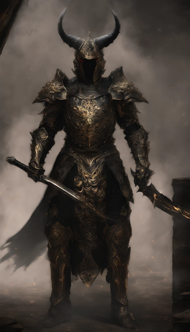 warrior, concept-art, Fantasy art, battleground background, clean render, a horned, Wear a suit of armor, Detailed bushido form smoke, helmet of a forgotten deity, character is standing, 8k Realistic, in game render, detailed face background detail, Art station front page, taur, Pseudo-medieval fantasy, A deity wearing koi armor, detailed bronze armor, Bronze armor, golden etched armor, gold obsidian armor, Light gold armor, Gorgeous filigree armor, A demonic warrior, Gorgeous armor full of thorns, Intricate assasin armor, Intricate metal armor, powerful warrior, Dressed in gorgeous gold armor,Decorated with intricate patterns, The helmet has a large crown and two horns,Glowing red eyes, Everything is in the dark, The smoky background hints at the battle scene, Add an ominous aura to his character,submission, Full body shot.
