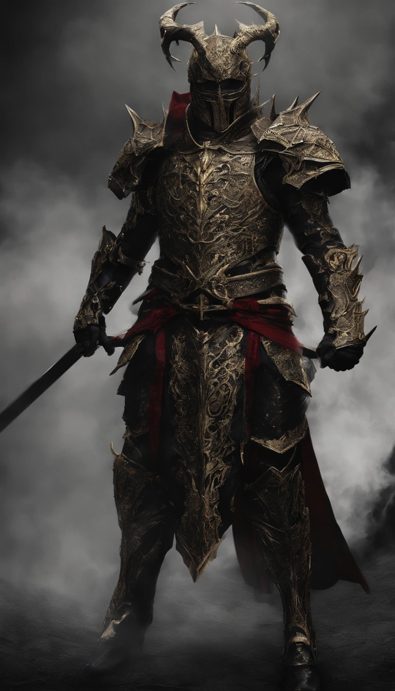 warrior, concept-art,  Fantasy art, battleground background, clean render, a horned, Wear a suit of armor, Detailed bushido form smoke, helmet of a forgotten deity, character is standing, 8k Realistic, in game render, detailed face background detail, Art station front page, taur, Pseudo-medieval fantasy, A deity wearing koi armor, detailed bronze armor, Bronze armor, golden etched armor, gold obsidian armor, Light gold armor, Gorgeous filigree armor, A demonic warrior, Gorgeous armor full of thorns, Intricate assasin armor, Intricate metal armor, powerful warrior, Dressed in gorgeous gold armor，Decorated with intricate patterns, The helmet has a large crown and two horns,Glowing red eyes， Everything is in the dark, The smoky background hints at the battle scene, Add an ominous aura to his character，submission, Full body shot.