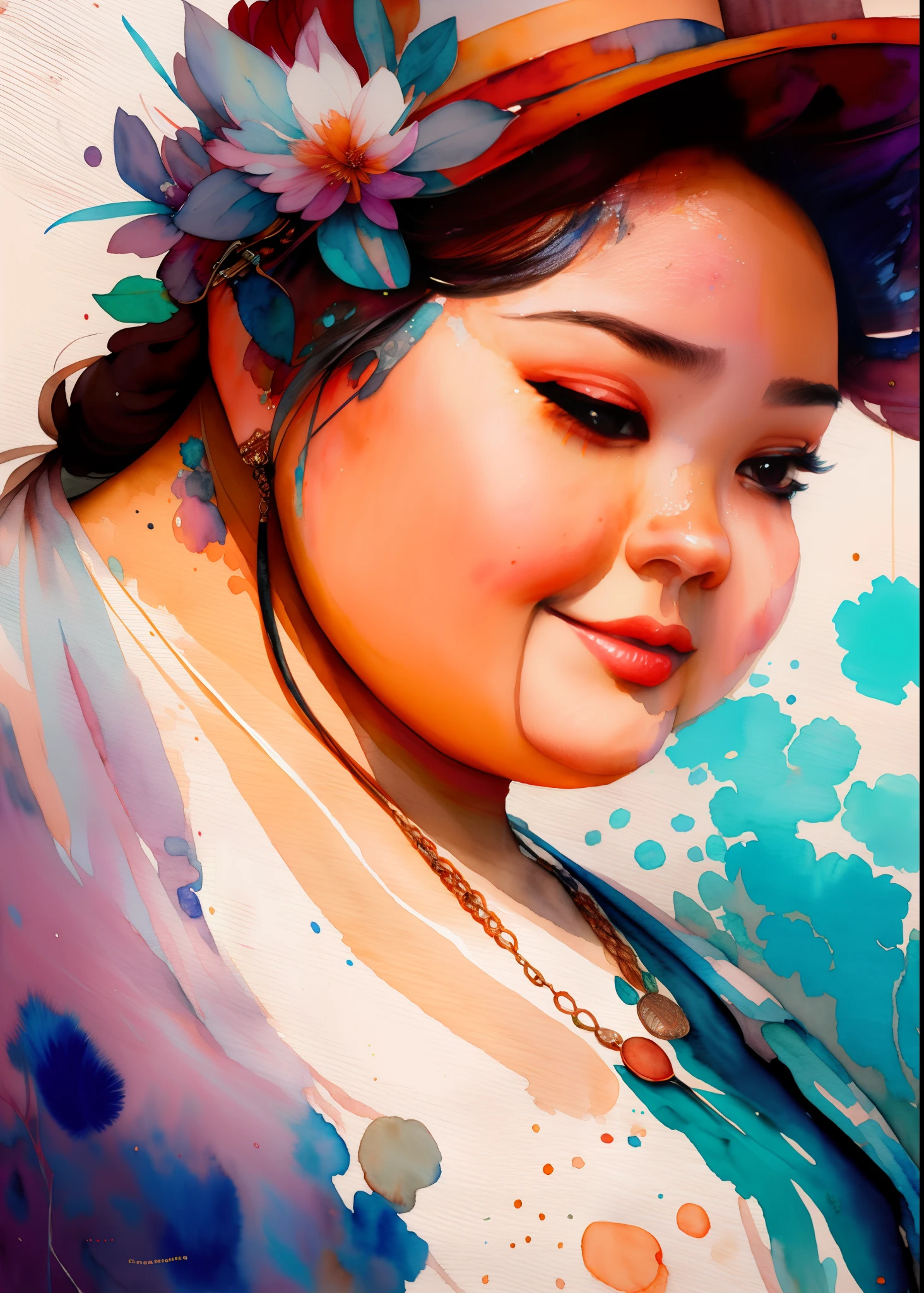 wtrcolor style, Digital art of (chubby woman), official art, frontal, smiling, masterpiece, Beautiful, ((watercolor)), face paint, paint splatter, intricate details. Highly detailed, detailed eyes, [dripping:0.5], Trending on artstation, by Rachel Walker
