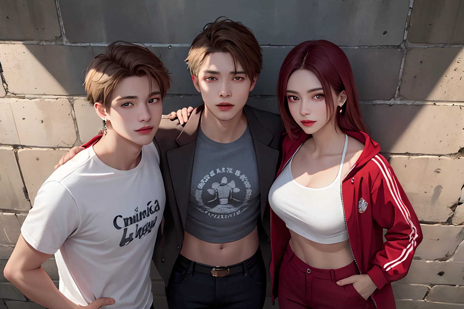 (masterpiece, best quality, (1girl and 2 boys standing together ) , ((trio)), intricate details, chromatic aberration), realistic, ((medium breath)), different hair, red head ornament, hair over one eye,brown eyes, earrings, sharp eyes, neon shirt, open jacket, crop top, (symmetry eyes),(perfect symmetrical body),against wall, brick wall, graffiti, dim lighting, alley ,look at viewer, ((((American))))