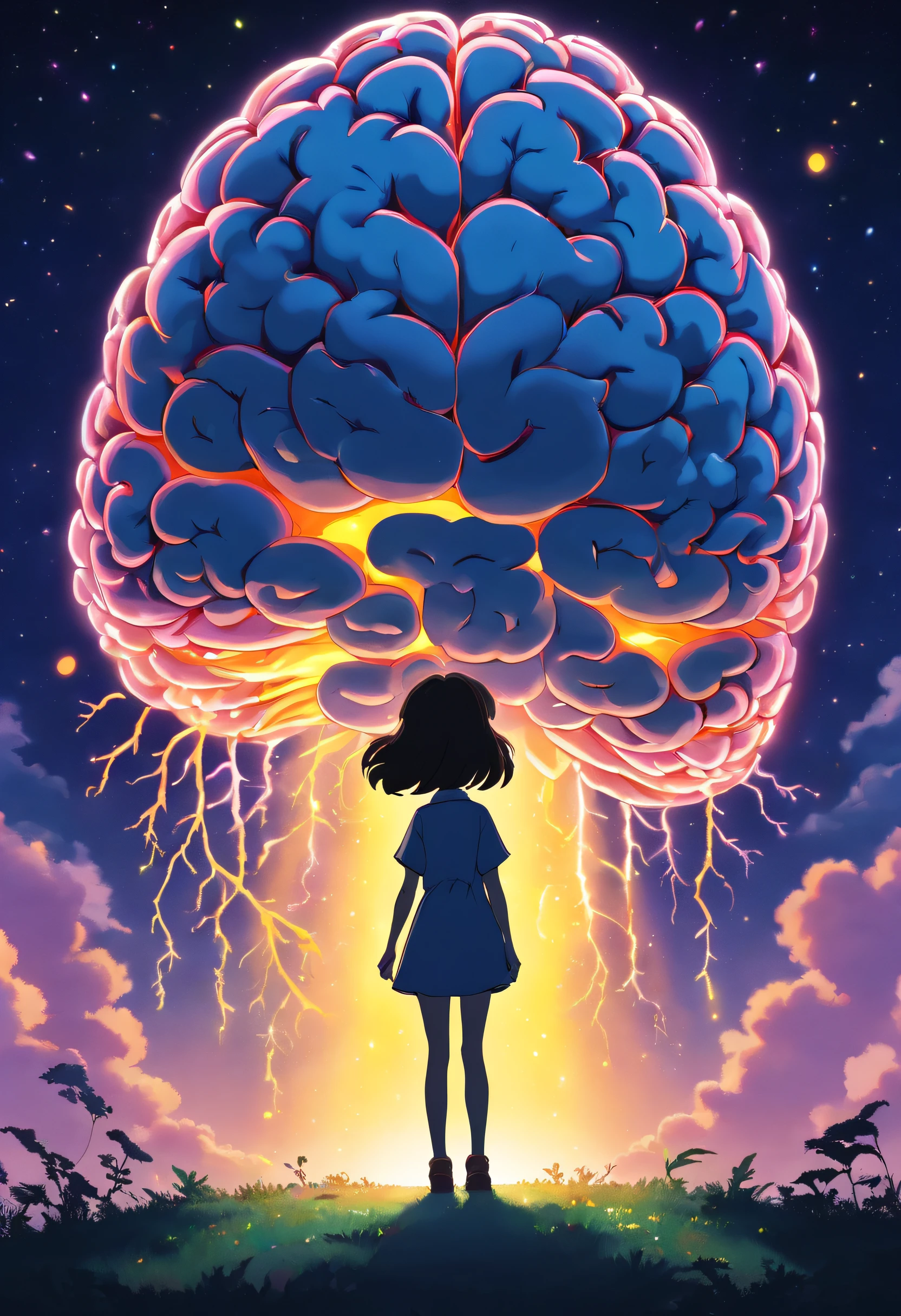 Silhouette or image of a brain with a bright dot in the center representing cognition or insight, complementado por elementos que simbolizam o conhecimento e a aprendizagem, like books or a light bulb. 16:9