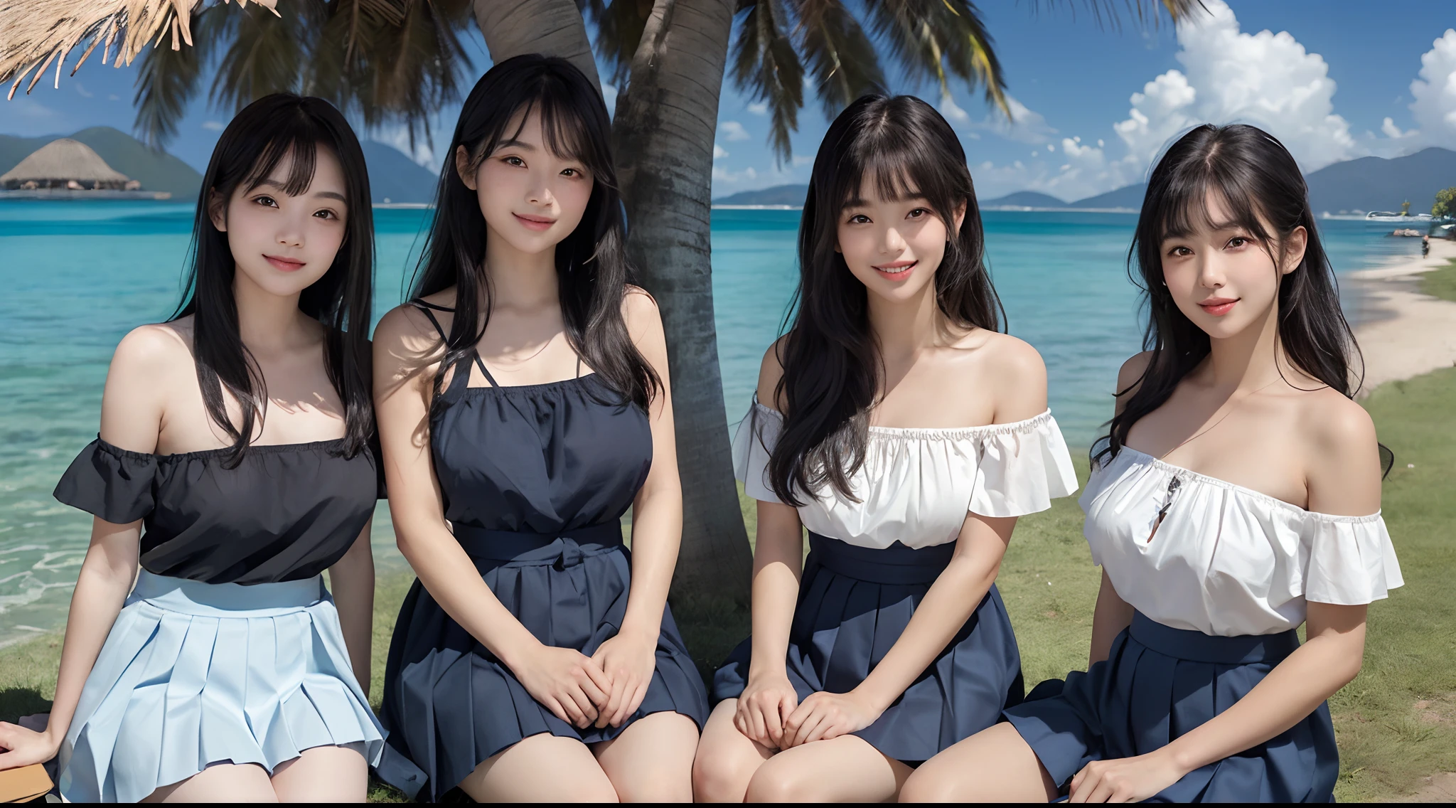 (3 female students, 1 handsome male), bright smile, beautiful mouth, (bare shoulders), big breasts, pleated skirt, long black hair, bangs, sitting on the grass by the clear blue lake, under a coconut tree shady (Best quality, Super detailed), (Heavenly starlight), (Wrapped in light), (Beautiful and mysterious),
