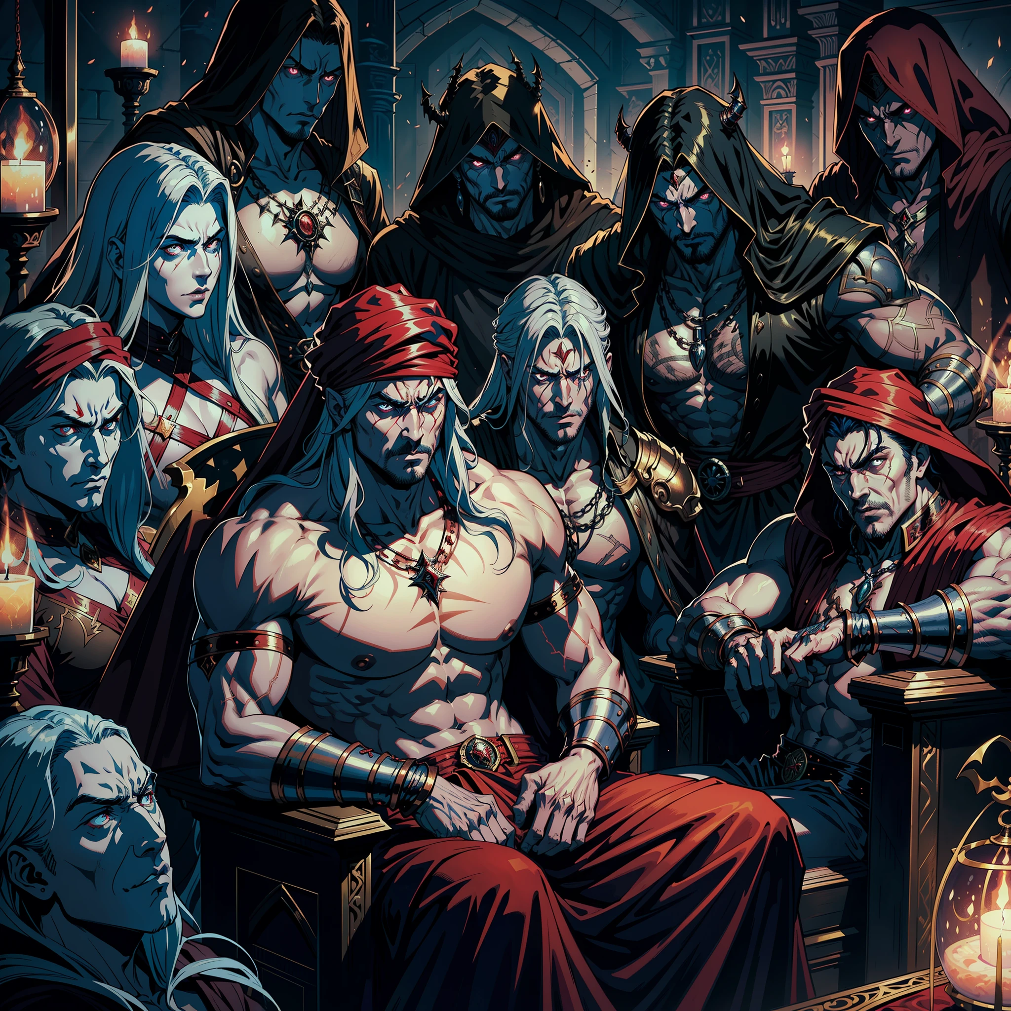 Castlevania Hyper Realistic Shadow Lord Super Detailed Dynamic Shot Master Piece of Lord Dracula Medieval Arab Warrior with Red Turban Scary Face Hokuto No Ken Structure Muscular Face Kenshiro sitting in his legendary Moroccan throne surrounded by demons and 3 scary demons Speaking of old reels Cinematic Scenes Epic Movie Hyper Realistic Movie Legendary Movie Epic Movie Epic Movie Epic Movie Epic Movie Enlarged Movie 3D View Bottom Angle