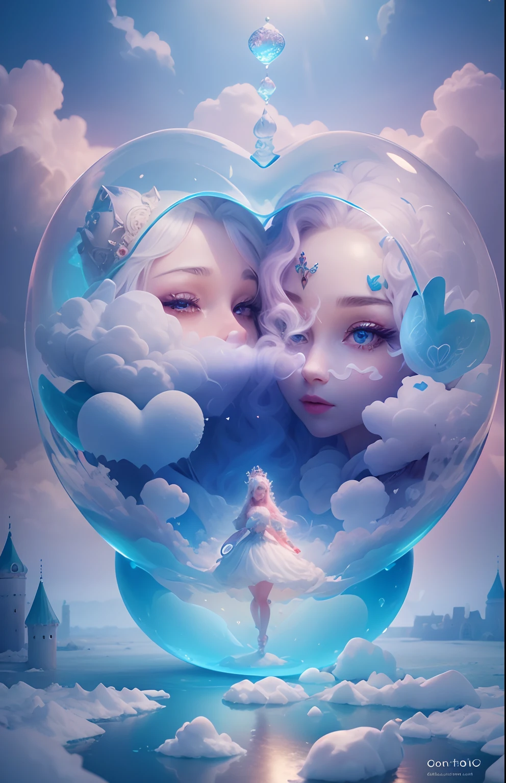 inside a heart shaped bubble a Cotton Candy Queen Women Goddess 8k Resolution Rendered Hyper Realistic Intricate Detail lives in an frosty heart shaped ice bubble, a fanciful place filled with castles, cotton candy, swans lakes and fluffy clouds, An intricate visual representation of computer programing, rendered in 24k resolution with intricate details and symbols.
