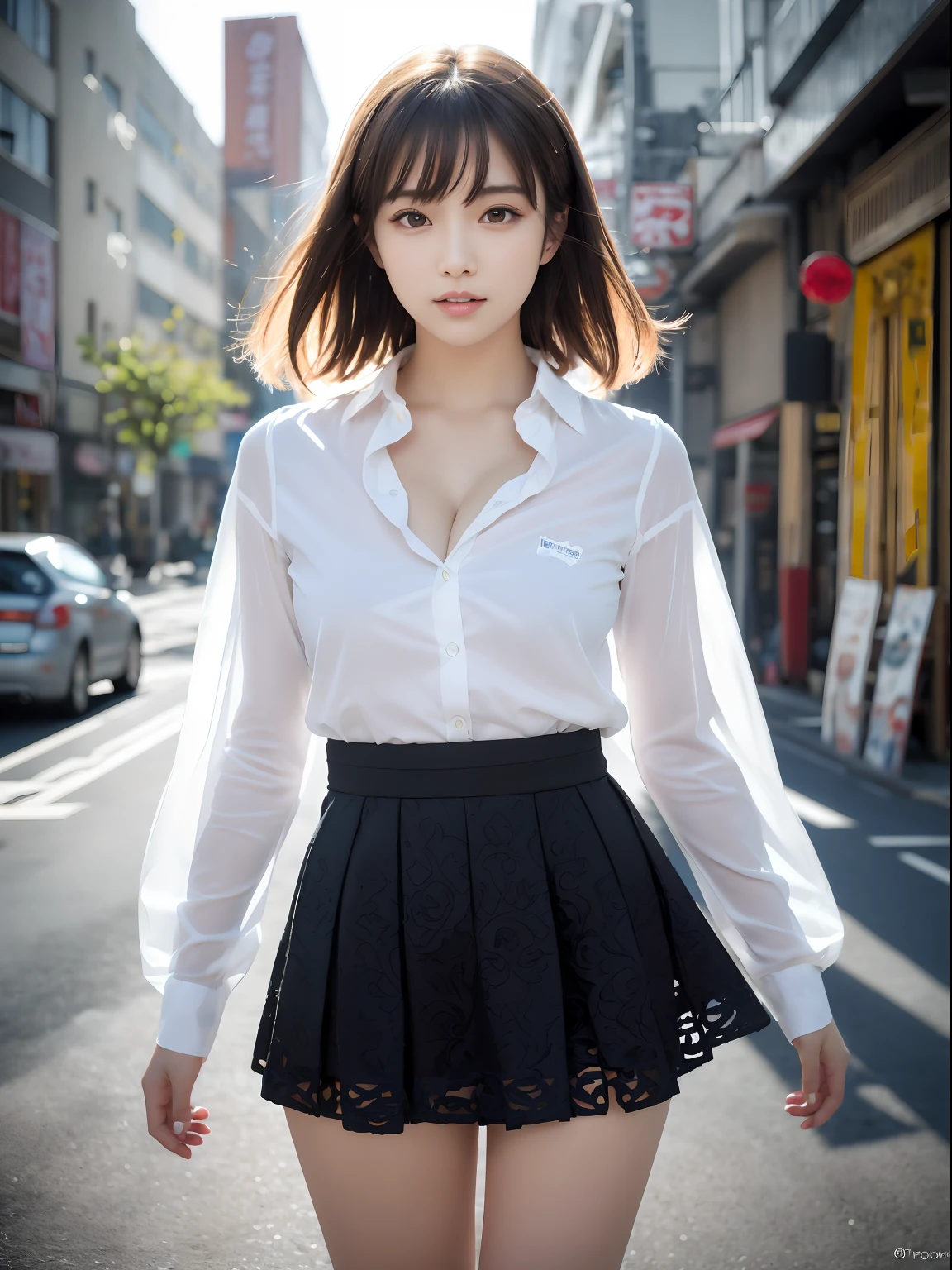 (masutepiece:1.3), (8K, Photorealistic, Raw photo, Best Quality: 1.4), Japanese, (1girl in), Beautiful face, (Realistic face), (Black hair), Beautiful hairstyle, Realistic eyes, Beautiful detailed eyes, (Realistic skin), Beautiful skin, Attractive, 超A high resolution, A hyper-realistic, Highly detailed, Golden ratio、
Show from the hips to the shoulders,
Beautiful detailed skin, (Cute:1.2),
(Black hair),
((JPOP Idol)),
(upper thigh:0.6), (depth of fields),Soft light, Lens Glow,
Looking at Viewer,
(drooping eyes:1.2),
Straight teeth,Smile,
Floating hair, (a blond:1.2),
Brown eyes,
Movie Scene, Cinematic, fulcolor, 4K, 8K, 16 K, Raw photo, masutepiece, professionally color graded, Professional Photography,
cleavage,High School Girl, Hair UP, Think,(Sweat,Sigh)1.2,(blush,Open mouth)1.3,soft clean focus, Realistic lighting and shading, (an extremely delicate and beautiful art)1.3, Elegant,Active Angle,Dynamism Pose,
Photorealistic, (One pretty girl:1.1), hight resolution, ultraclear, Sharp Focus, ,Cosplay, slim,
Sheer white cloth,White hair, High Ponytail,
(Off-White Damask Long Sleeve Shirt Dress:1.3),
(Thom Brown Design Dress:1.4),
(hyper detailed background, Detail Background: 1.3), Bokeh, depth of fields,
China City Street,
No one in the background, (Children's Panties) ), (skirt rift:1.1),