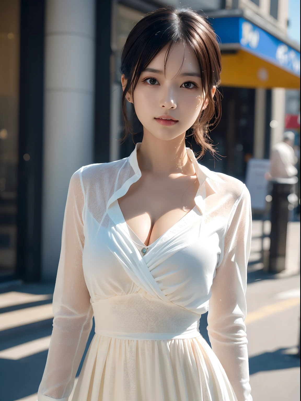 (masutepiece:1.3), (8K, Photorealistic, Raw photo, Best Quality: 1.4), Japanese, (1girl in), Beautiful face, (Realistic face), (Black hair), Beautiful hairstyle, Realistic eyes, Beautiful detailed eyes, (Realistic skin), Beautiful skin, Attractive, 超A high resolution, A hyper-realistic, Highly detailed, Golden ratio、
Show from the hips to the shoulders,
Beautiful detailed skin, (Cute:1.2),
(Black hair),
((JPOP Idol)),
(upper thigh:0.6), (depth of fields),Soft light, Lens Glow,
Looking at Viewer,
(drooping eyes:1.2),
Straight teeth,Smile,
Floating hair, (a blond:1.2),
Brown eyes,
Movie Scene, Cinematic, fulcolor, 4K, 8K, 16 K, Raw photo, masutepiece, professionally color graded, Professional Photography,
cleavage,High  Girl, Hair UP, Think,(Sweat,Sigh)1.2,(blush,Open mouth)1.3,soft clean focus, Realistic lighting and shading, (an extremely delicate and beautiful art)1.3, Elegant,Active Angle,Dynamism Pose,
Photorealistic, (One pretty girl:1.1), hight resolution, ultraclear, Sharp Focus, ,Cosplay, slim,
Sheer white cloth,White hair, High Ponytail,
(Off-White Damask Long Sleeve Shirt Dress:1.3),
(Thom Brown Design Dress:1.4),
(hyper detailed background, Detail Background: 1.3), Bokeh, depth of fields,
China City Street,
No one in the background, (Children's Panties) ), (skirt rift:1.1),