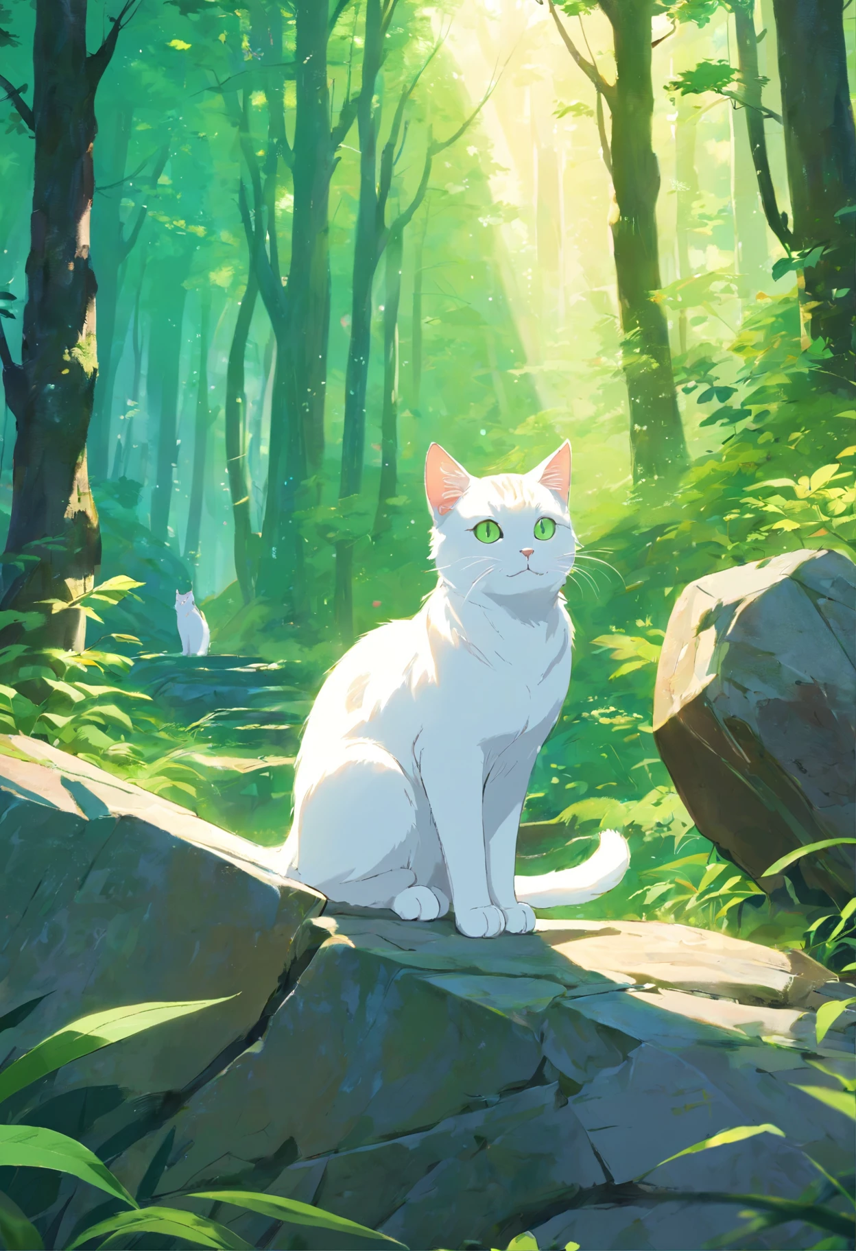 White female cat with beige spots of green eyes in the woods leaning against a rock in an enchanted forest