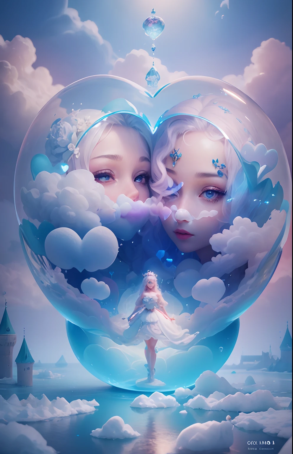 inside a heart shaped bubble a Cotton Candy Queen Women Goddess 8k Resolution Rendered Hyper Realistic Intricate Detail lives in an frosty heart shaped ice bubble, a fanciful place filled with castles, cotton candy, swans lakes and fluffy clouds, An intricate visual representation of computer programing, rendered in 24k resolution with intricate details and symbols.
