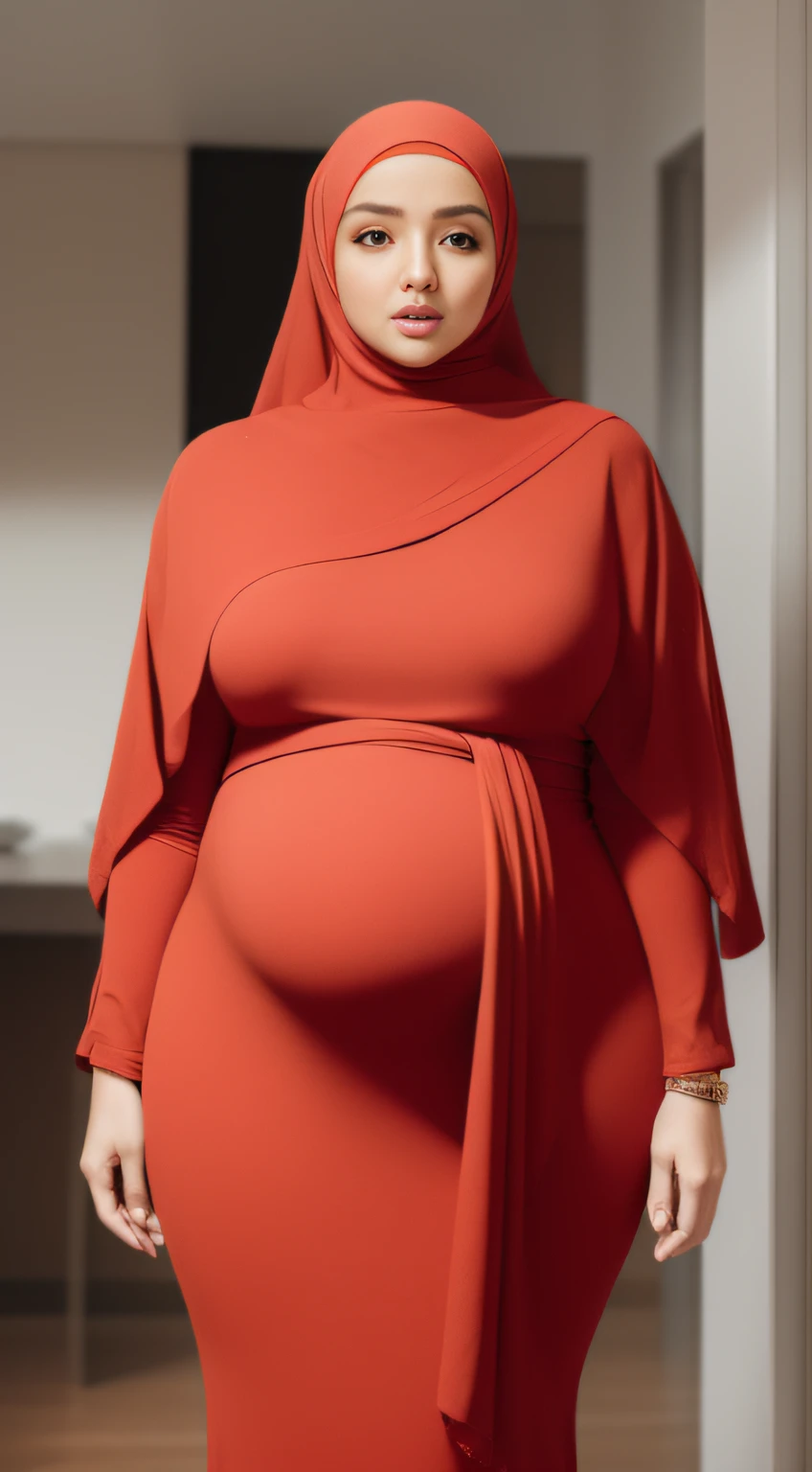 (NSFW,highres:1.2),1 girl,perfect body shape, slim waist, curvy hourglass figure, full body picture, skinny waist and thick hips,full body view,big boobs, (huge pregnant), wearing a hijab,wearing tight dress,beautiful detailed eyes,long eyelashes,natural makeup,soft smile,she has a jiggly fat round belly,vivid colors,studio lighting,physically-based rendering,digital artwork,bokeh