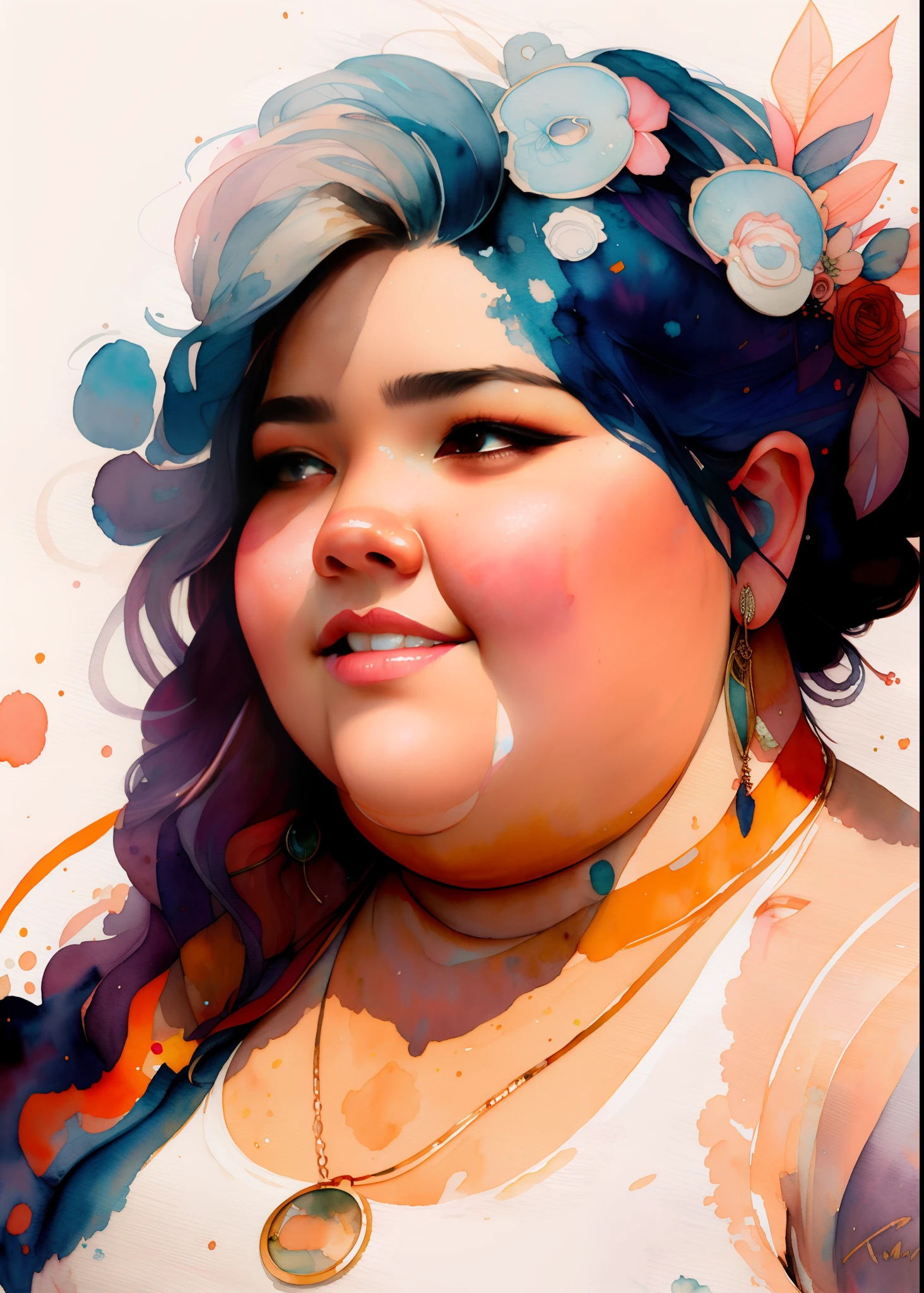 wtrcolor style, Digital art of (chubby woman), official art, frontal, smiling, masterpiece, Beautiful, ((watercolor)), face paint, paint splatter, intricate details. Highly detailed, detailed eyes, [dripping:0.5], Trending on artstation, by Rachel Walker