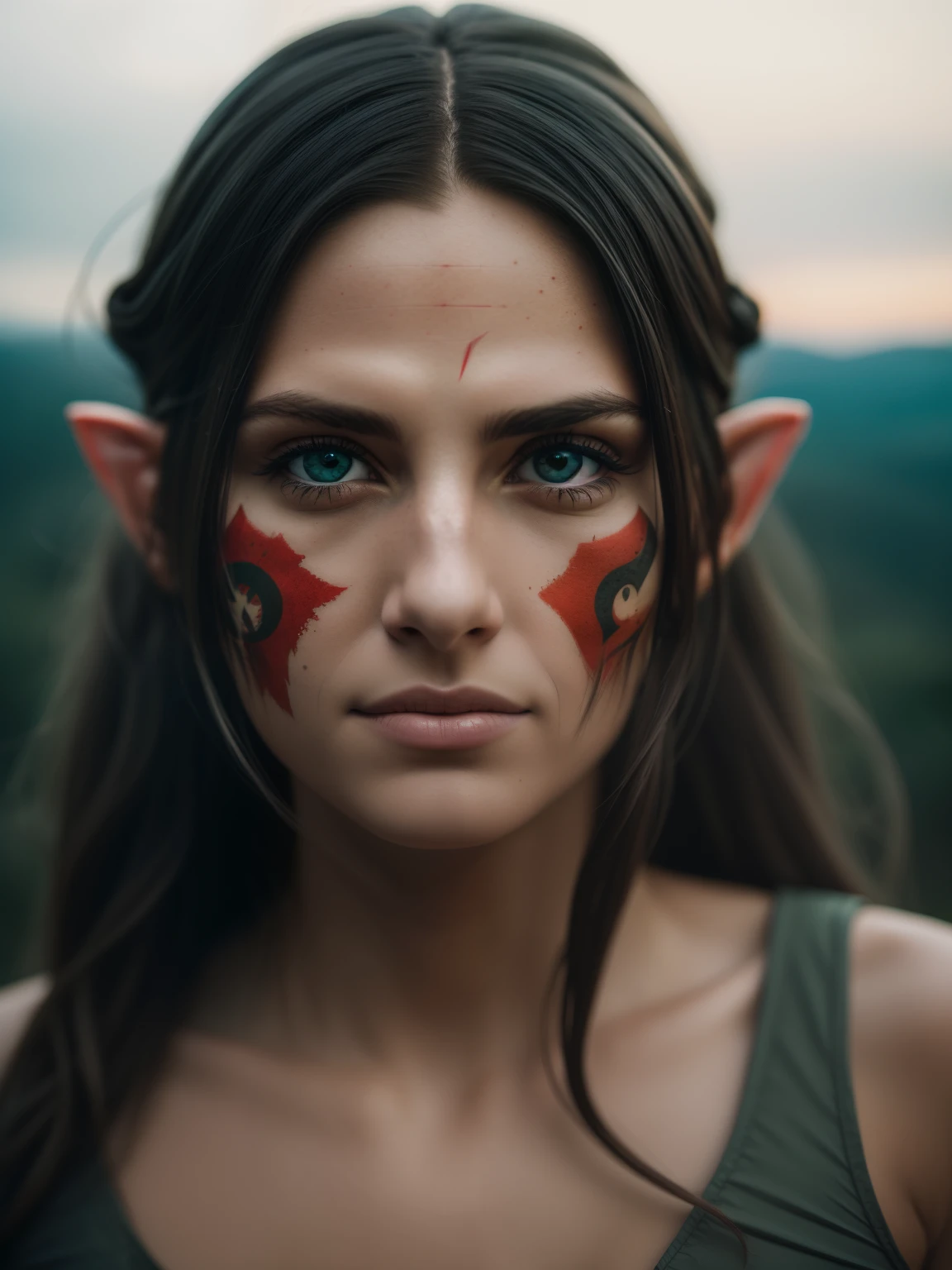 (longshot:1.5),(Hero View:1.5),Beautiful Elf Woman ,Inspired by The Lord of the Rings,Dress like a white elf style,Happy expression on face,on a mountain,Angelic, Beautiful face,(Light harsh on the skin:1.2), (hard shadows, Dark theme, turning off lights, Dim lighting, Deep contrast:1.1), (Annie Leibovitz portrait photo), Mint and coral aesthetic dark theme, (skin imperfections, hitornfreckles:0.4),Natural lighting, Extremely realistic, 8K, Insane details, Intricate details, cinematic color graded,colour grading, Editorial Photography, Photography,Sharp Focus, taken with a 60mm lens, ISO 300, F/4, 1/200th