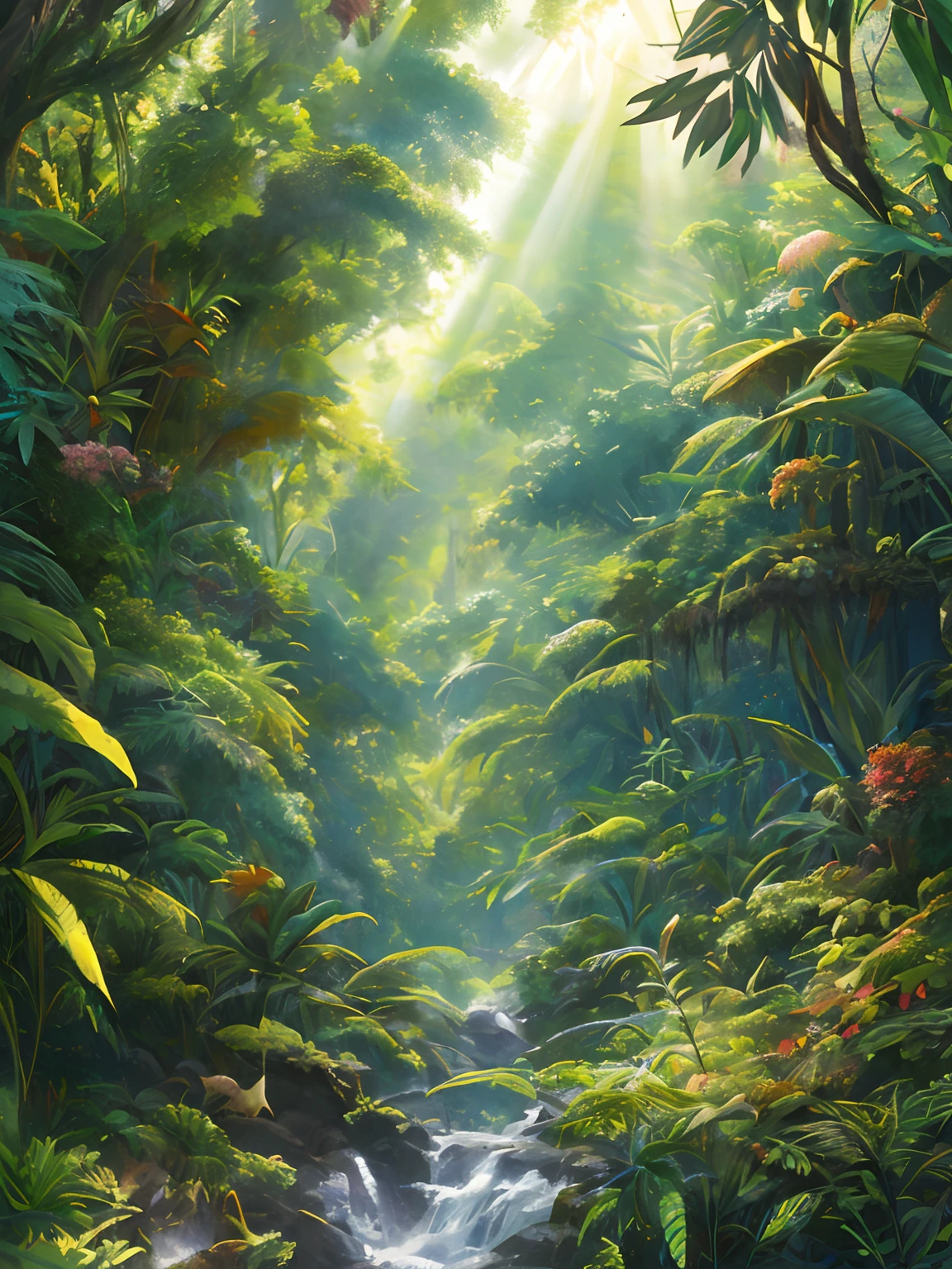 A detailed and intricate digital illustration of a dense jungle full of exotic flora and fauna, with sunlight filtering through the canopy creating a dappled effect. Yoshitaka Amano and Hayao Miyazaki style, masterpiece, proportions, details, art station trends, beautiful lighting, realistic, intricate, award winning, 4k, highest quality