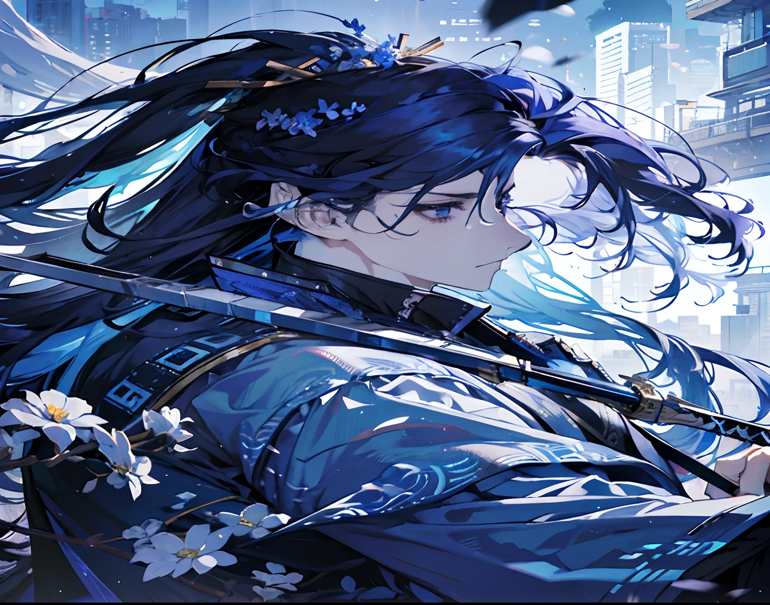 Blue-purple style, looking at you, good eyes, messy hair, broken hair, long hair, chivalry, very beautiful cyberpunk digital artwork, male focus, handsome, heroic and sassy, beautiful man, wearing a blue and white kimono, long sword on the shoulder, chivalric style, high-quality detail depiction, blurred background and soft light set off, middle side shooting, middle side perspective, pattern decorations and accessories, broken flowers and flying flowers, rich fog surrounding, light and shadow change extremely exquisite. Anime style 4k wallpaper.