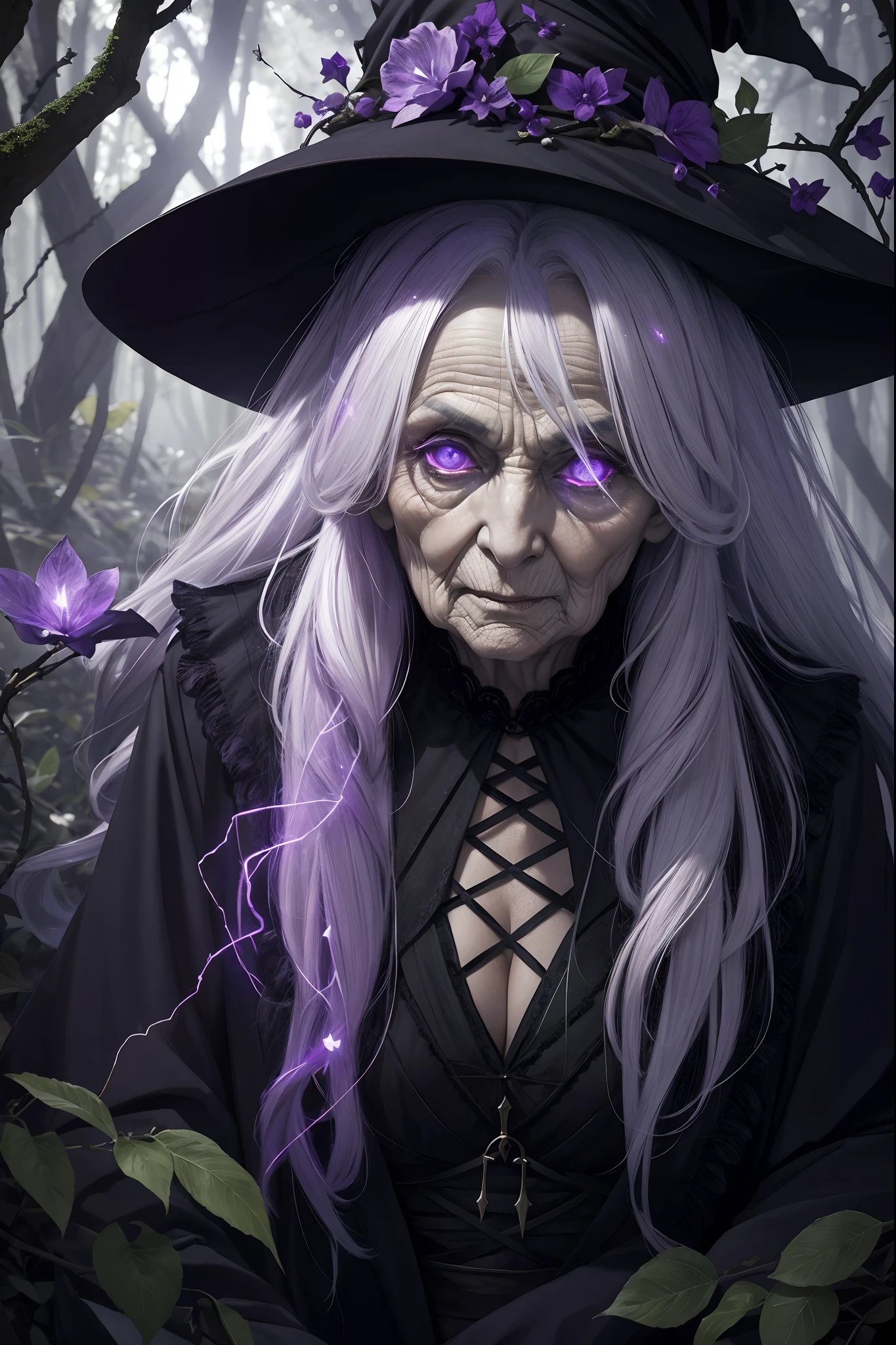 (8k, top quality, masterpiece: 1.4), ultra detail, super resolution, a stunning digital illustration of an old witch she lives deep in the forest preying on innocent souls, she has long straight white hair, evil purple eyes, old wrinkly skin texture, ((old lady)), her evil features scare the viewer, her presence is ominous, bokeh, eerie light particles, magic glow, nightshade and vines