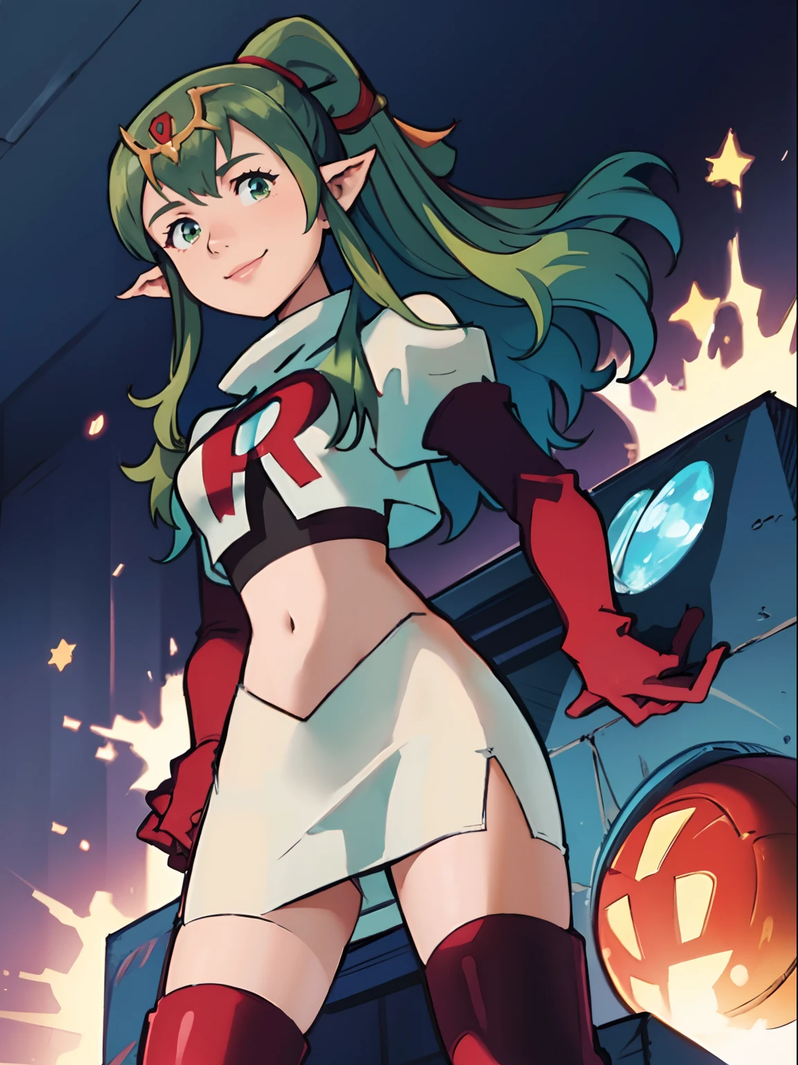 tiki fe,rocket,team rocket uniform, red letter R, white skirt,white crop top,black thigh-highs,black elbow gloves, looking down on you , hands on hips, smile