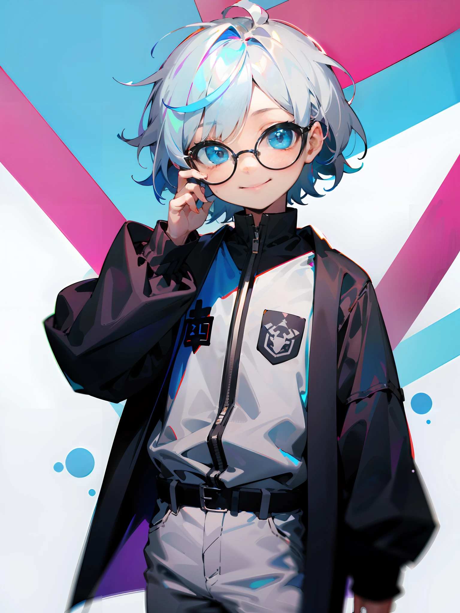 (Male 、Black glasses、blue eyess、 silber hair、A smile、a cool)，独奏，cowboy  shot，Iridescent background