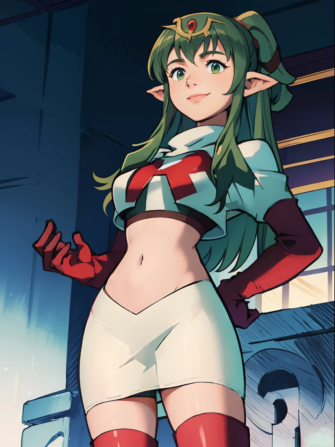 tiki fe,rocket,team rocket uniform, red letter R, white skirt,white crop top,black thigh-highs,black elbow gloves, looking down on you , hands on hips, smile