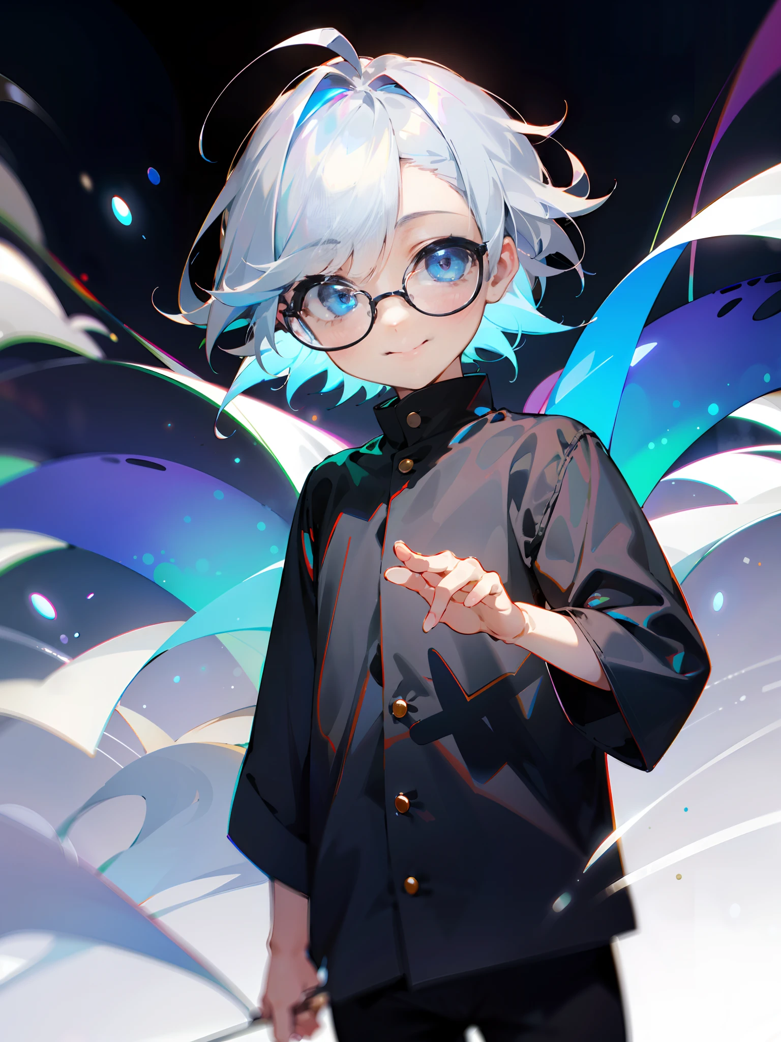 (Male child、Black glasses、blue eyess、 silber hair、A smile、a cool)，独奏，cowboy  shot，Iridescent background