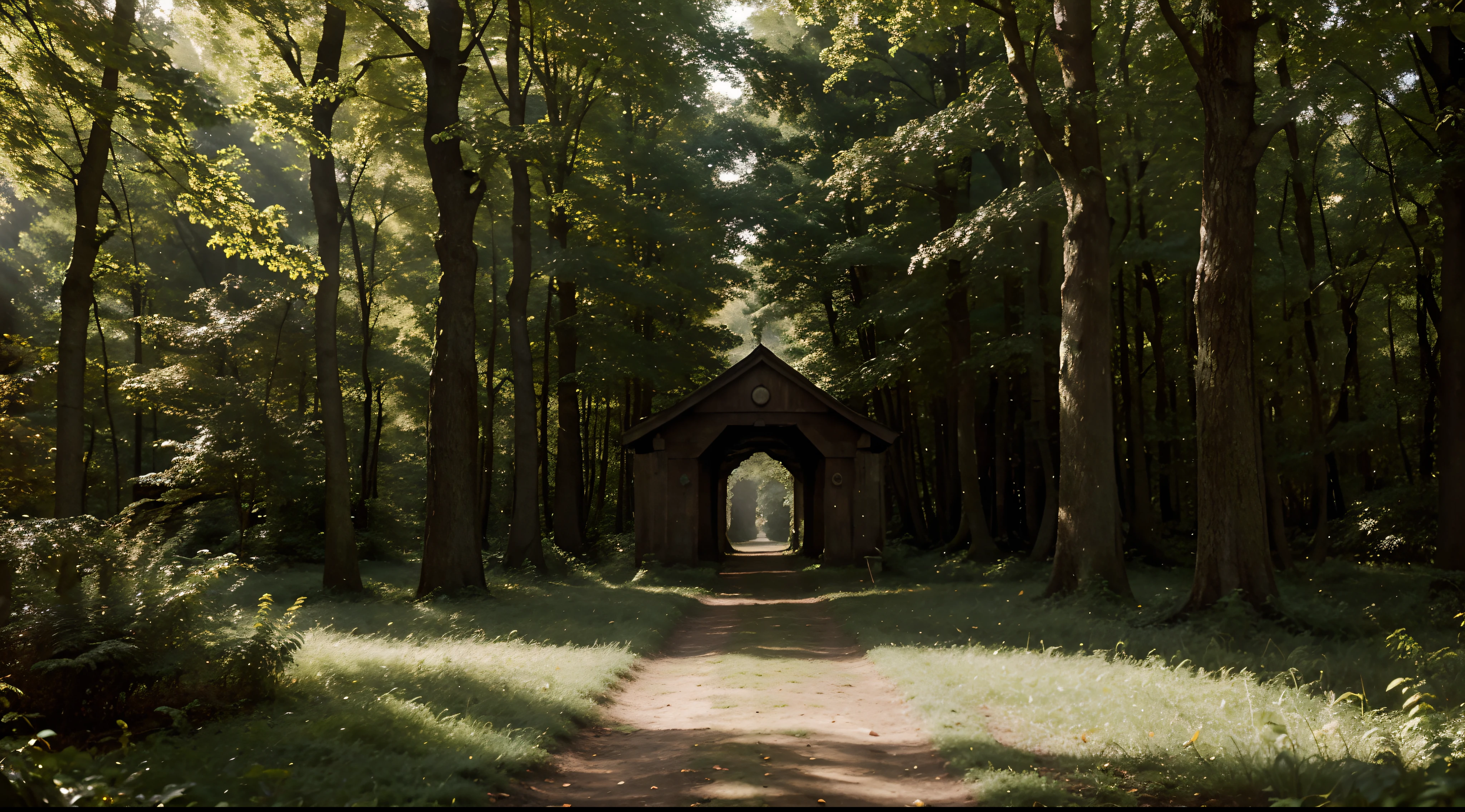 Title: "Portal of the Unknown"

INT. MYSTERIOUS FOREST PATH - DAY

The scene opens to a breathtaking forest with towering trees, their leaves creating a dappled pattern on the ground. The protagonist, [PROTAGONIST NAME], takes each step with a sense of wonder and tranquility. The path ahead is bathed in soft, golden sunlight.