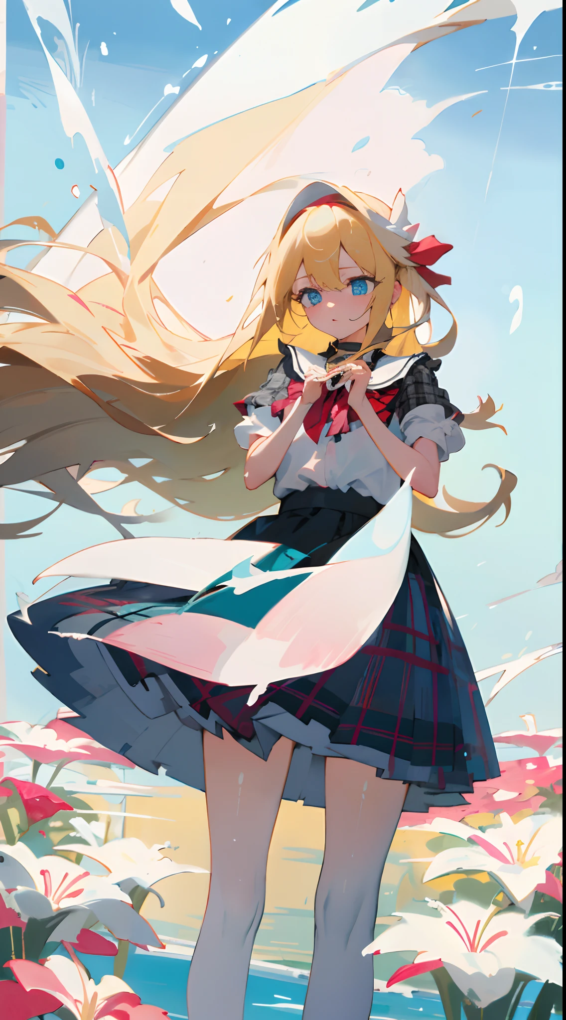 Masterpiece quality,The best quality assurance。A long blonde hair、Cute girl with aqua blue eyes。balmy,astonishment,Exudes magic,Comes with a white headband,Long hair fluttered in the breeze,Be red in the face,White blouse with a doll collar tied with a pink bow on the chest,Grey and black plaid skirt,White stockings,Genki girl,flower sea