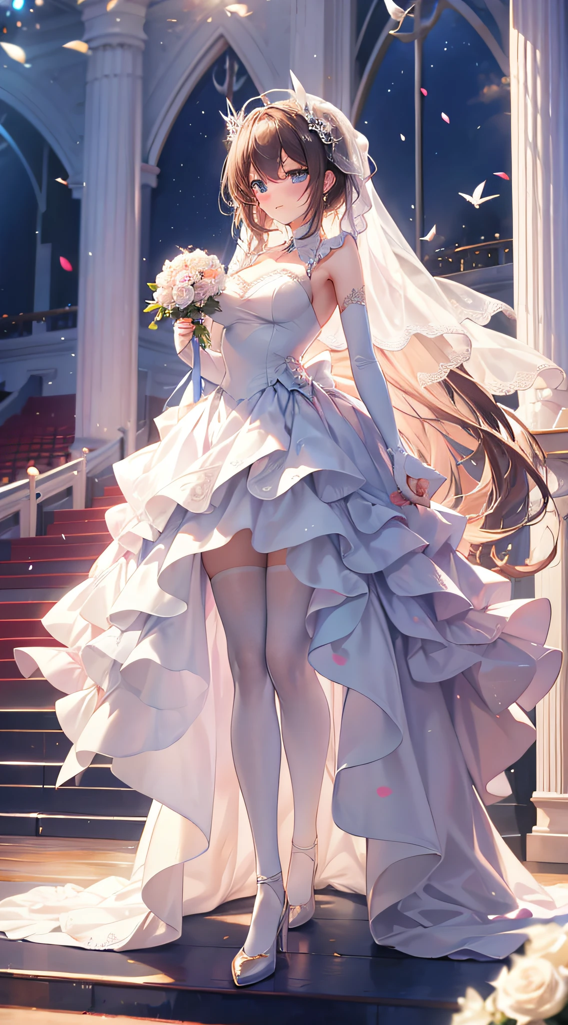 wedding gown，auditorium，Flying white doves，Holding roses in hand